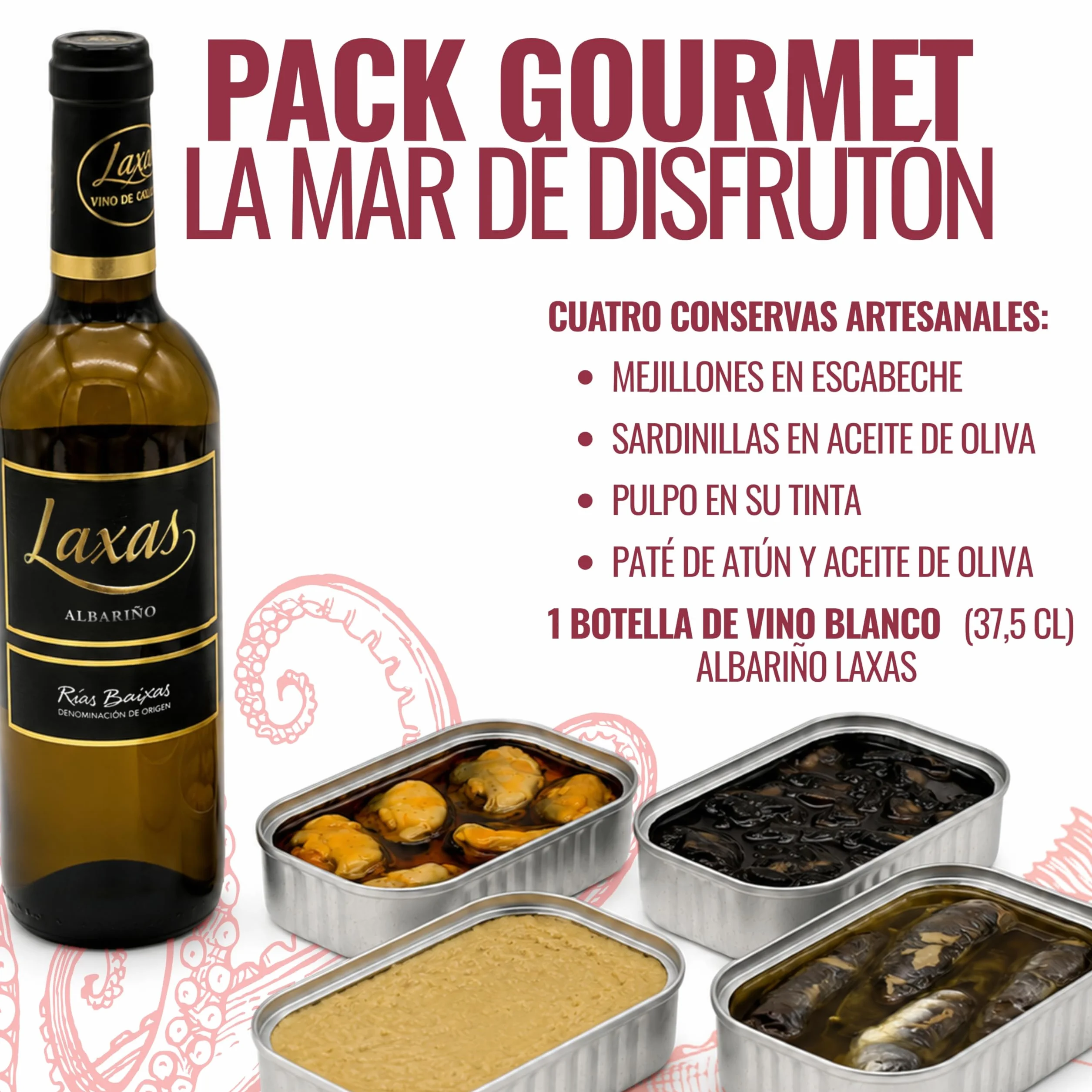 Caja Regalo Gourmet con Albariño Laxas y Conservas Gallegas – Mejillones, Sardinas, Pulpo en Tinta, Paté de Atún – Pack Aperitivo Navidad