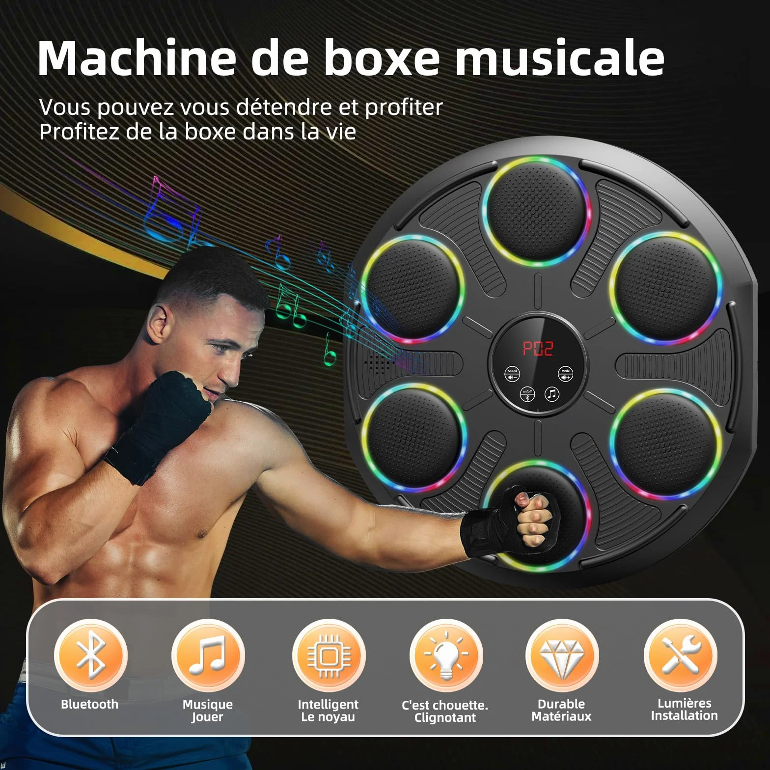 HotHands Máquina de Boxeo Musical LED Bluetooth, 12 Velocidades, Montaje en Pared, con Guantes, para Niños y Adultos