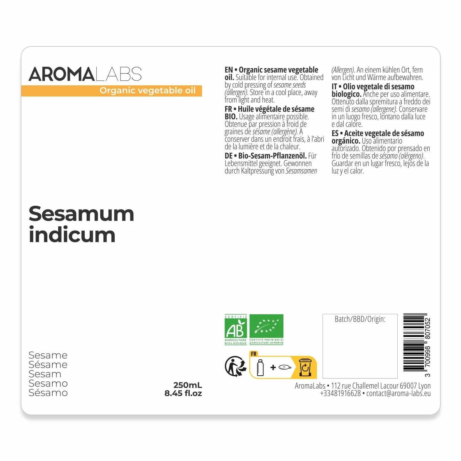 Aceite de Sésamo BIO (Sesamum indicum) - 250 mL - Aceite Vegetal Virgen Certificado AB - Aroma Labs
