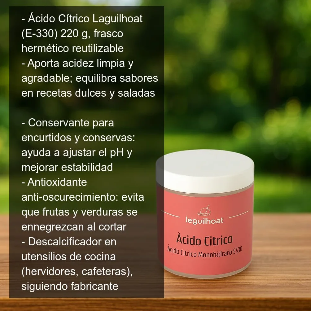 Ácido cítrico alimentario E-330 220 g en frasco hermético reutilizable para cocina y conservas, aporta acidez, antioxidante culinario, cuajar leche, marinados, efervescencias, descalcificador