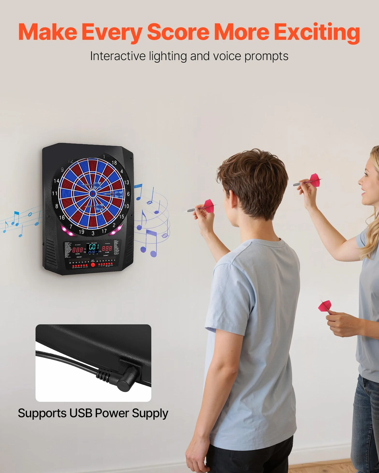 VEVOR Diana Electrónica 43 Juegos 200 Variantes 8 Jugadores 6 Ejes Dardos Marcador LCD PP ABS 517 x 424 x 30 mm