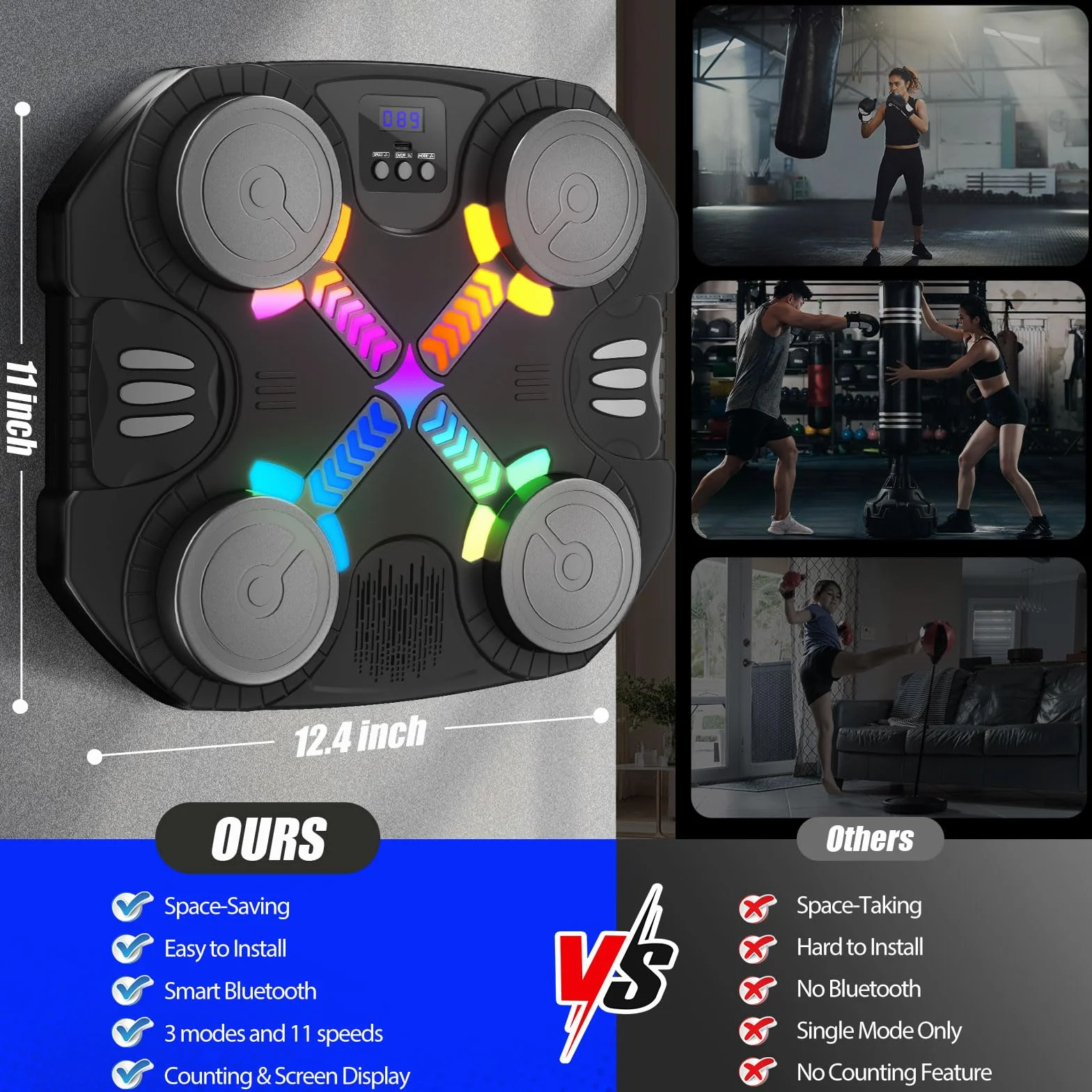 Máquina de Boxeo Musical para Niños, Bluetooth Montada en Pared con Guantes, Luces y Retroalimentación Sonora, 3-12 Años (Negro)