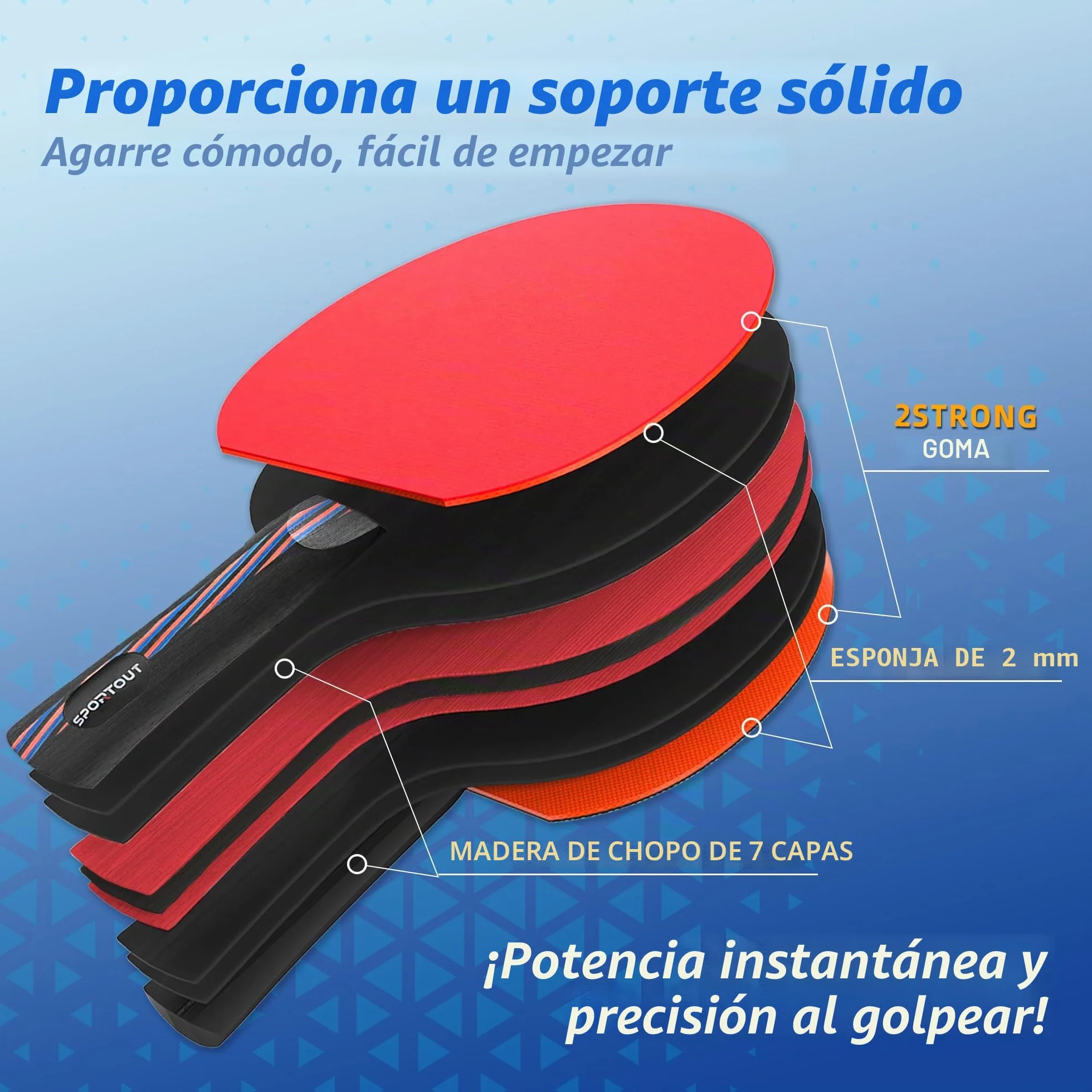 Pala de Ping Pong Profesional, 9 Capas Madera y 8 Capas Carbono