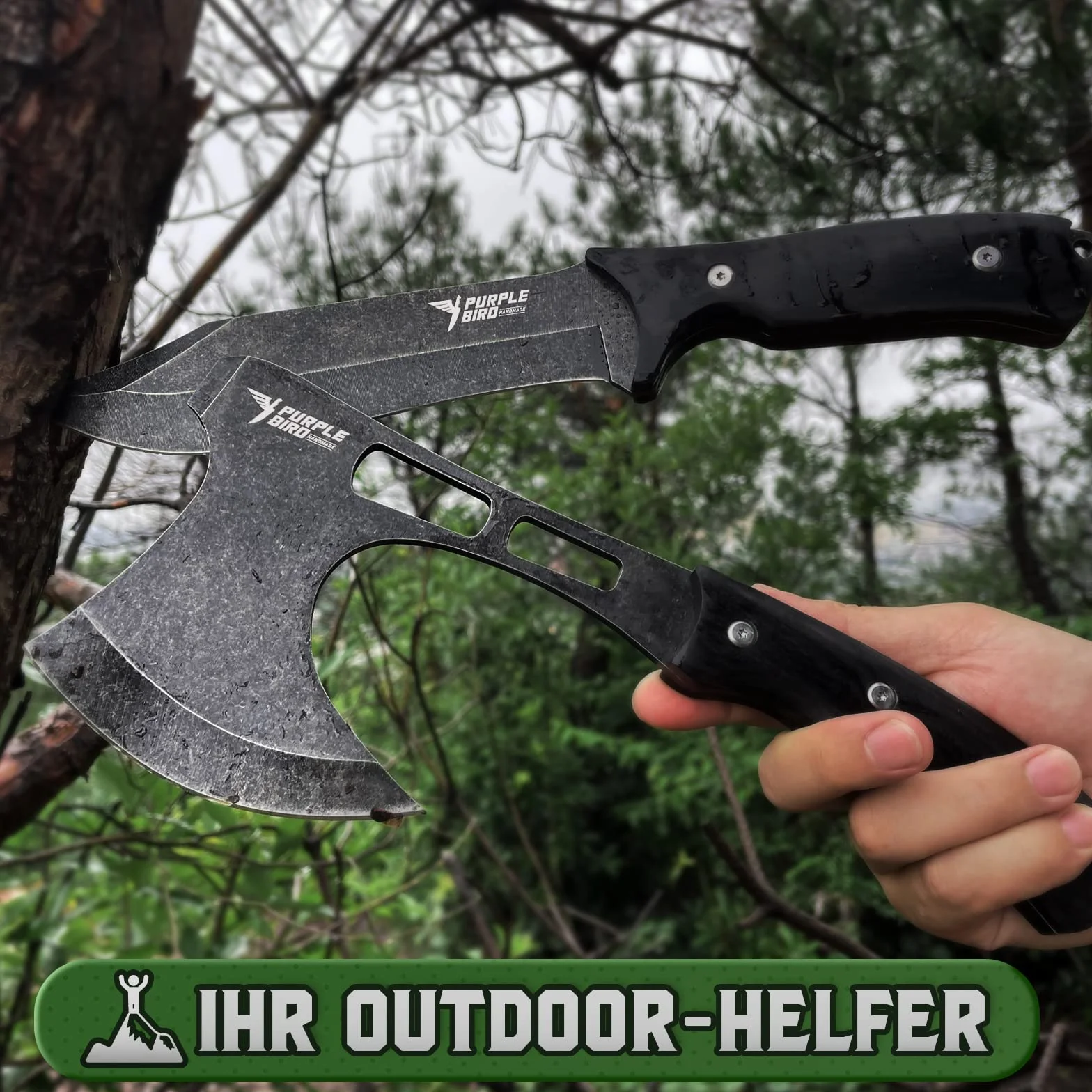 PURPLEBIRD Juego de Cuchillos para Exteriores con Hacha para Acampar, Cuchillo de Supervivencia