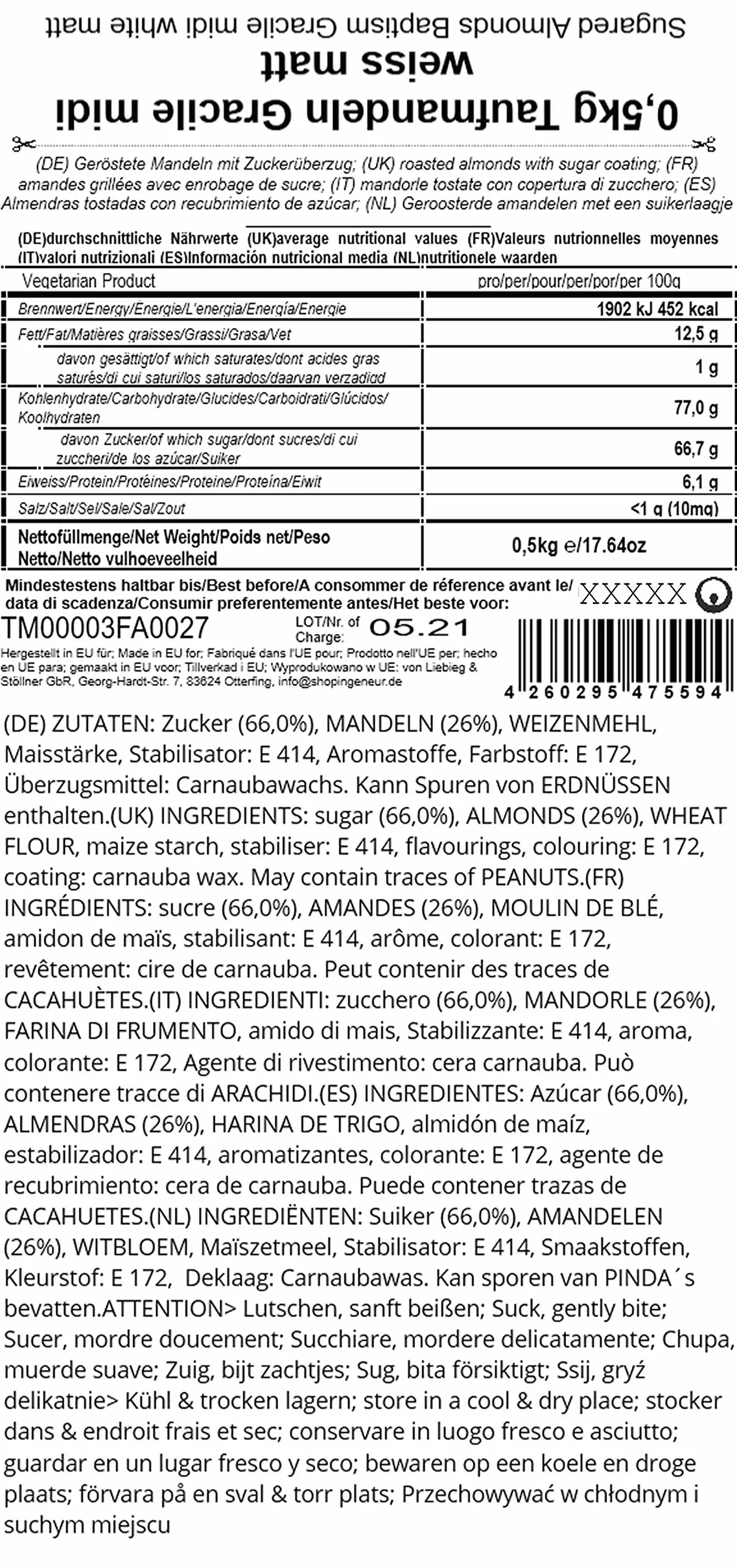 EinsSein 0,5kg Peladillas de almendras bautizo Gracile midi blanco mate peladilla almendra boda bautizos grageas comunion comunión niño baratas confeti Fiesta cumpleaños chocolate Evento