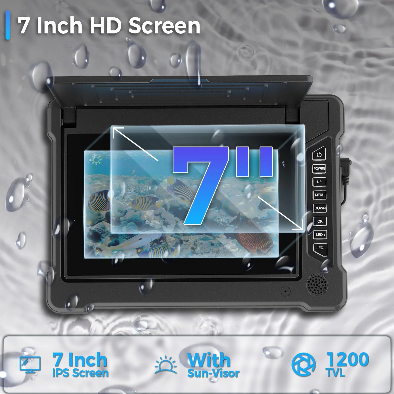 Cámara de Pesca Submarina 7" IPS con Visera, HD 1200TVL Gran Angular, IP68, Fish Finder para Hielo Mar Lago