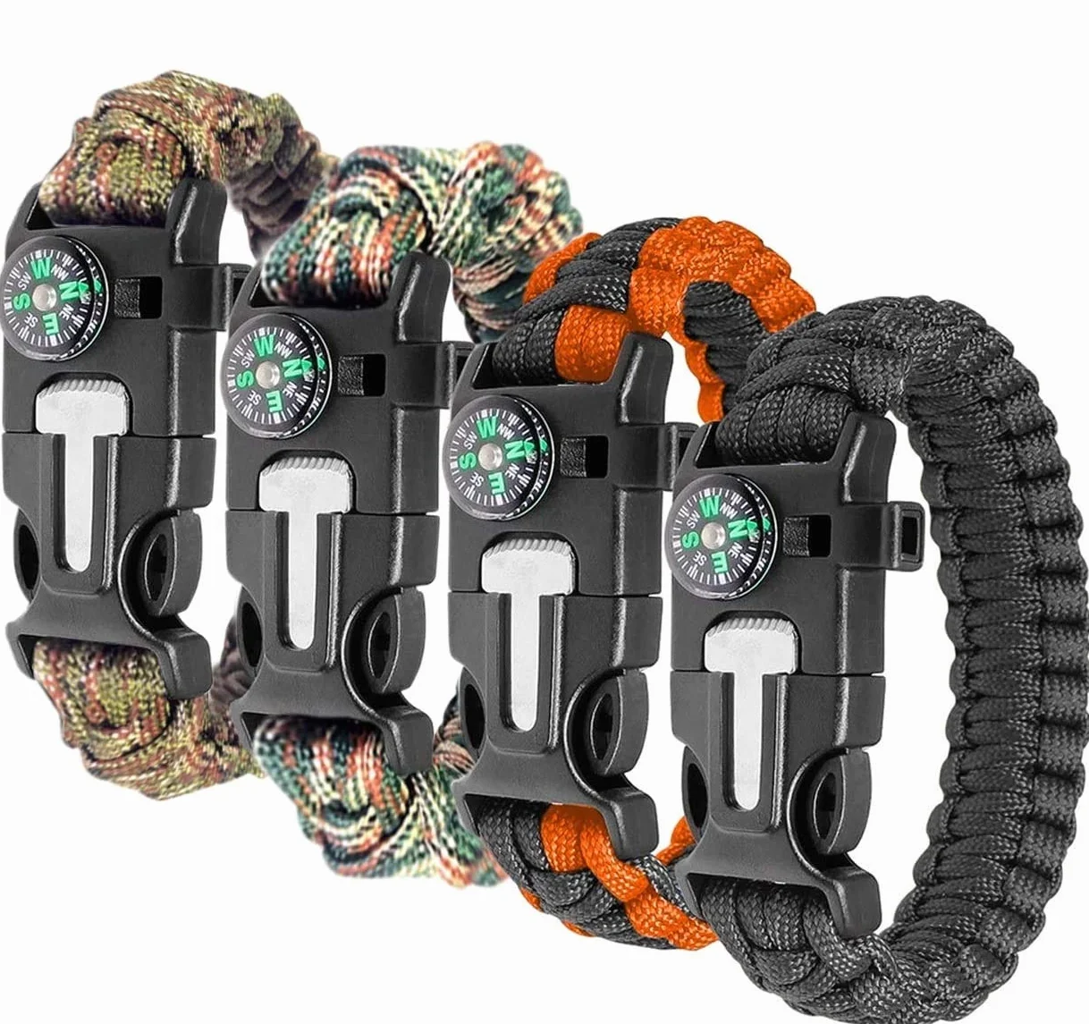 Pulsera Paracord Supervivencia Paquete de 4 con Iniciador Fuego Brújula Silbar Camping Senderismo