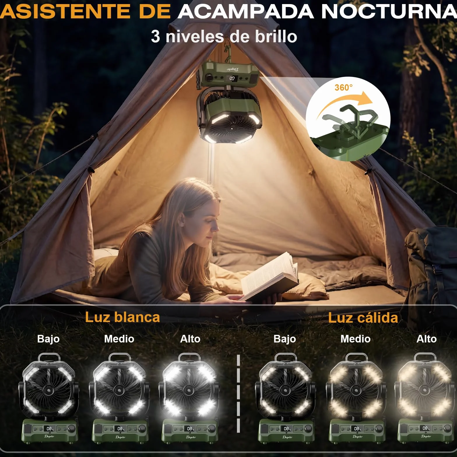 Ventilador Camping Portátil con Nebulizador y Luz LED, batería recargable, Temporizador, Rotación 270°, Gancho Colgante, Verde