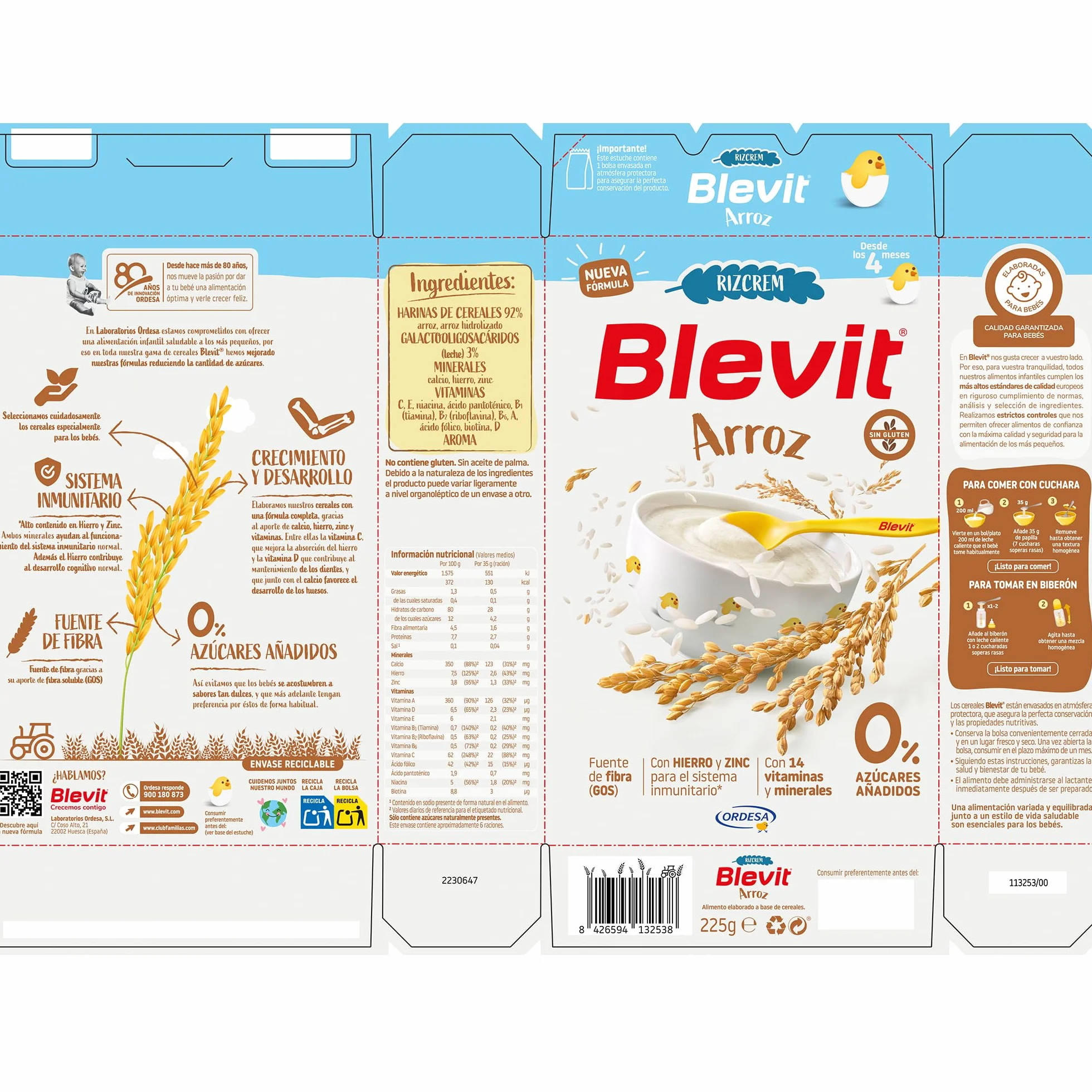 Blevit Rizcrem Arroz | 225 g | Papilla de Cereales para Bebé desde los 4 Meses con Crema de Arroz - Sin Gluten y Sin Azúcares Añadidos - Facilita la digestión