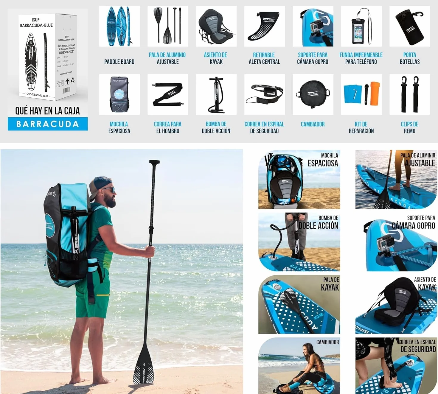 AQUA SPIRIT 320x79x15cm Sup Tabla Hinchable de Paddle Surf Kit de Conversión de Kayak con Pala Ajustable de Aluminio