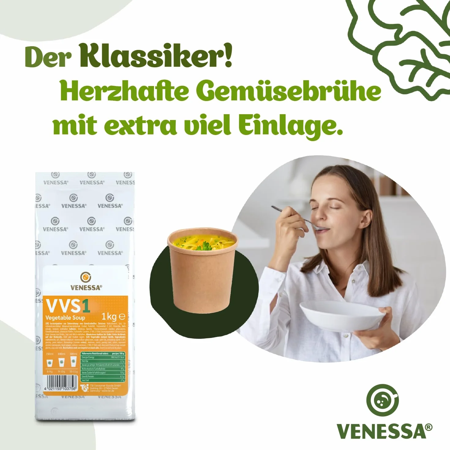 Venessa VVS1 Sopa de verduras 10 x 1 kg - Fresco y fino - Sabor vegetal natural - Soluble, sin grumos - Adecuado para todas las máquinas de café Vending, oficinas, autoridades
