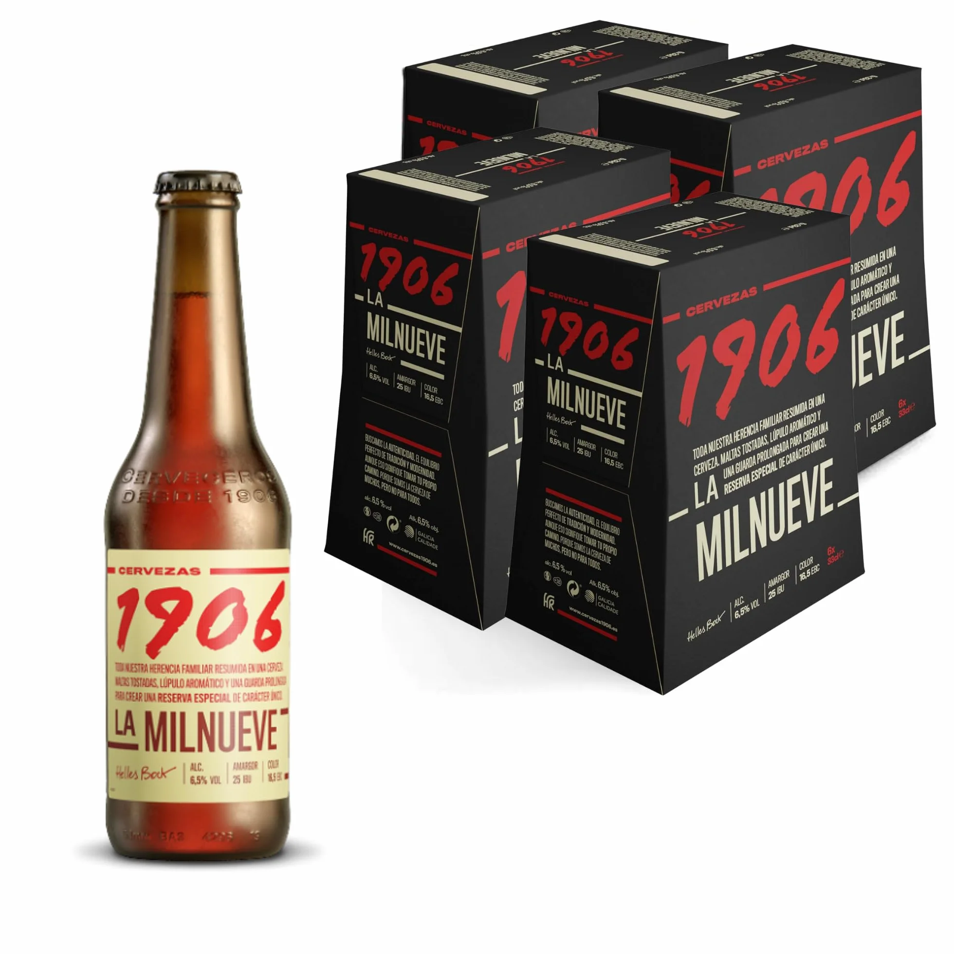 1906 Reserva Especial - Cerveza Lager Extra, Pack de 24 Botellas x 33 cl, Sabor Amargo y Aroma Tostado, Galardonada Internacionalmente, 6,5% Volumen de Alcohol
