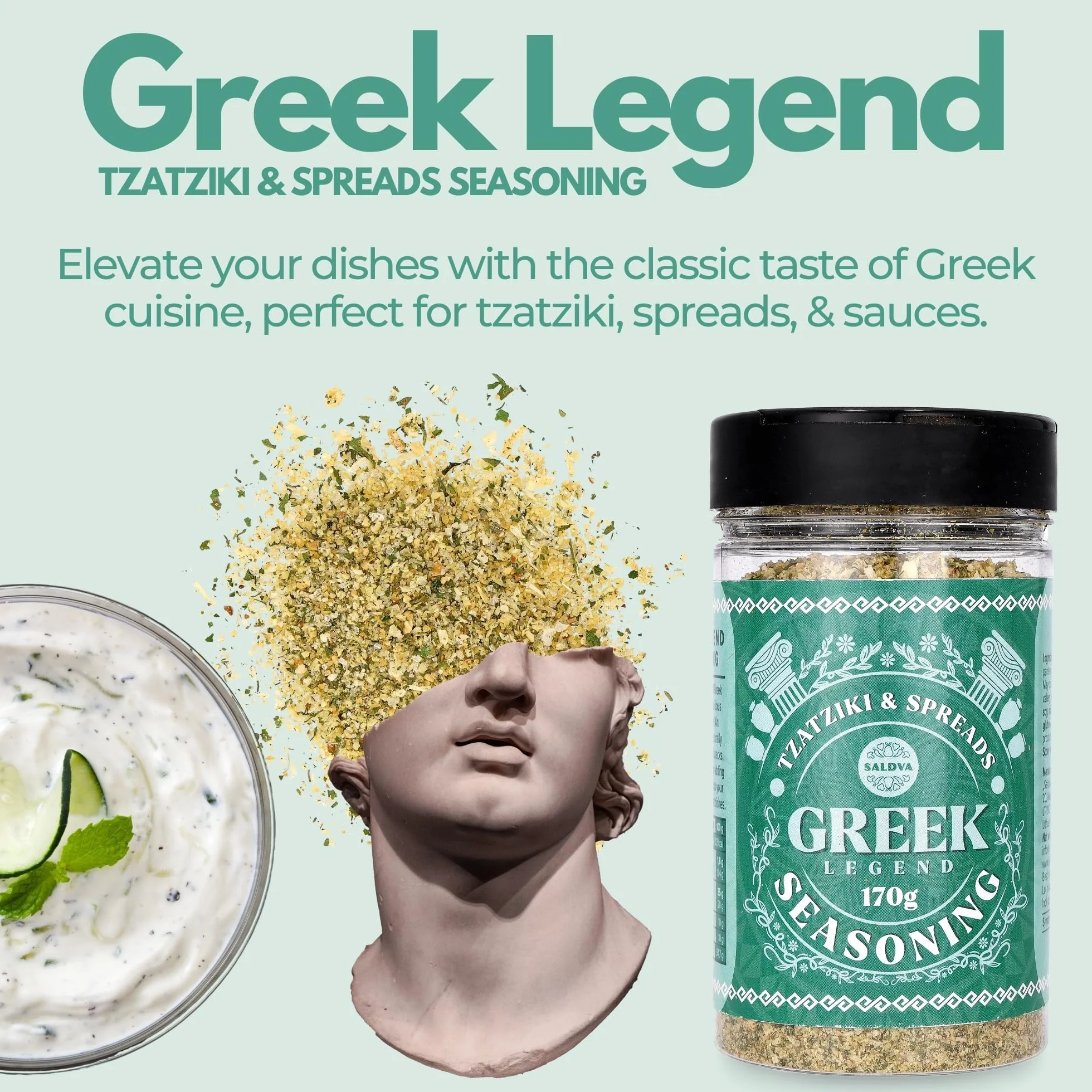 Greek Legend Tzatziki & Spreads Seasoning - Premium Greek Spice Mix - Perfect for Tzatziki, Spreads, and Sauces - Large Jar (170g)