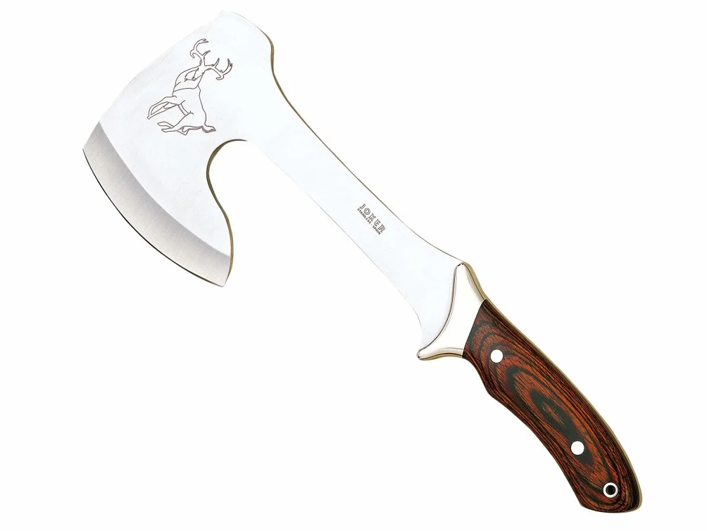 Joker Hacha montera Cazador HR00, Mango de Madera, Hoja 20 cm, Funda Cuero, Herramienta Caza Pesca Camping