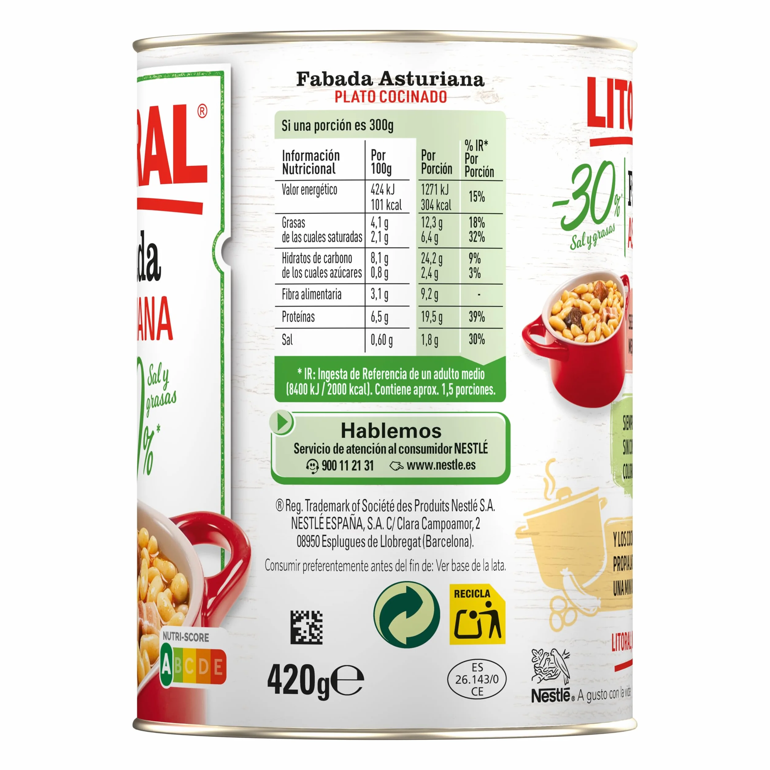 Litoral Fabada Asturiana -30% Sal y Grasa - Plato Preparado Sin Gluten - Pack de 10x420g - Total: 4.20kg