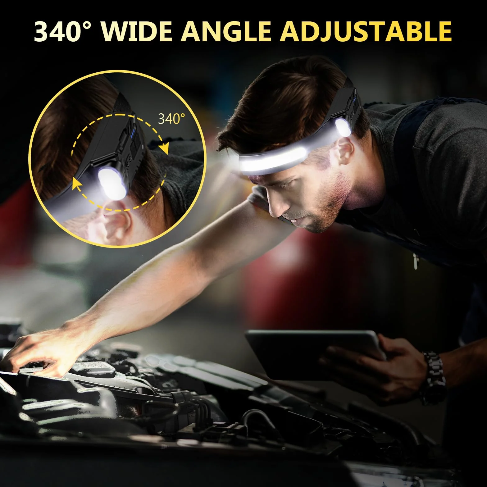 Diboniur Linterna Frontal LED Recargable 8 Modos IPX4 Impermeable Sensor Movimiento 340° Camping Correr