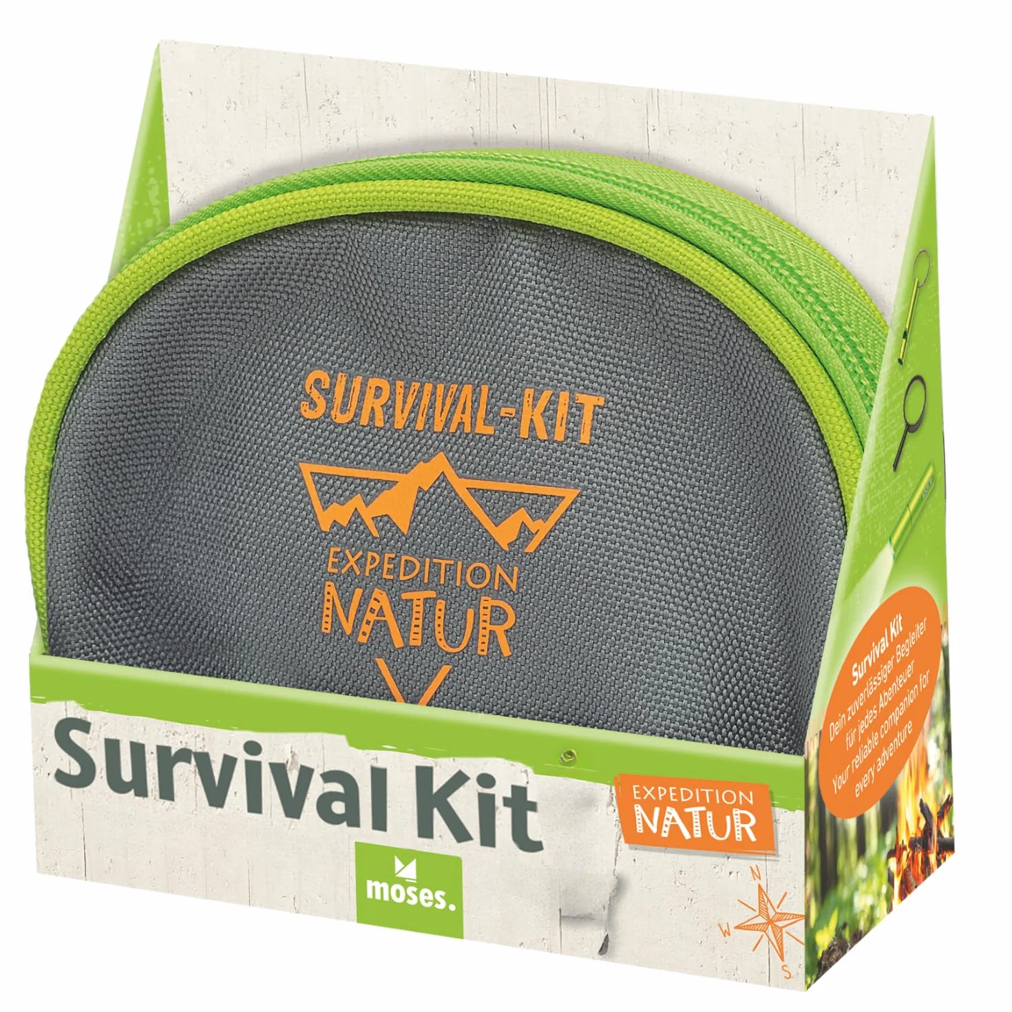 Moses Expedition Natur Survival Kit para niños con linterna brújula iniciador fuego silbato paracord juguete aventura compacto bolsa mosquetón