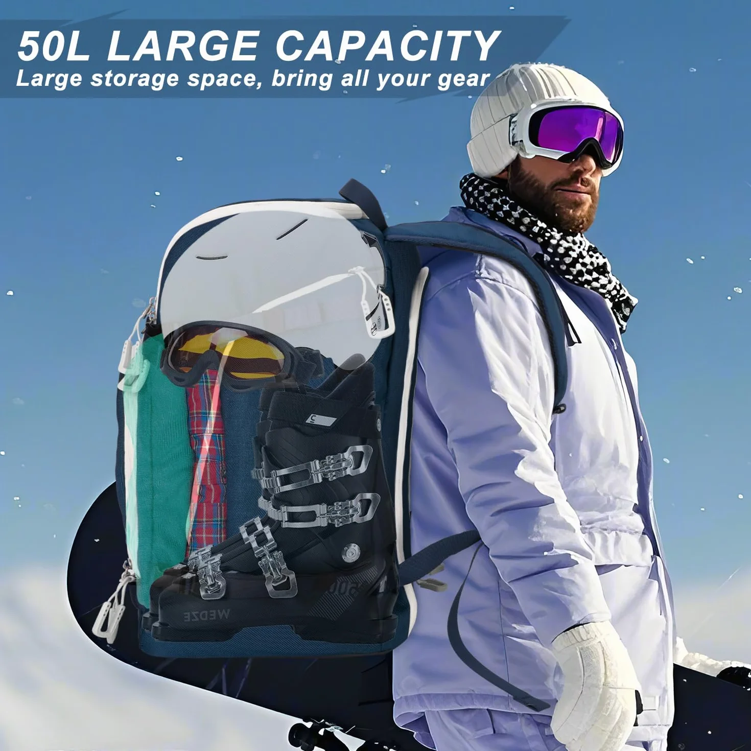 Mochila para Botas de Esquí 50L Impermeable Ligera con Compartimento para Casco