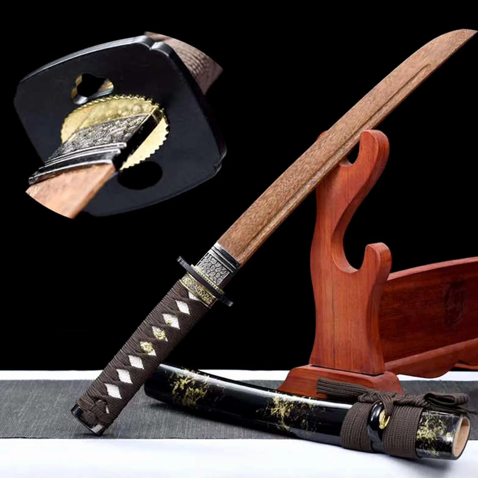 Espadas Samurái Cortas de Madera 55 cm Bokken Artesanal Katana Palisandro Natural para Regalos Exhibiciones Cosplay