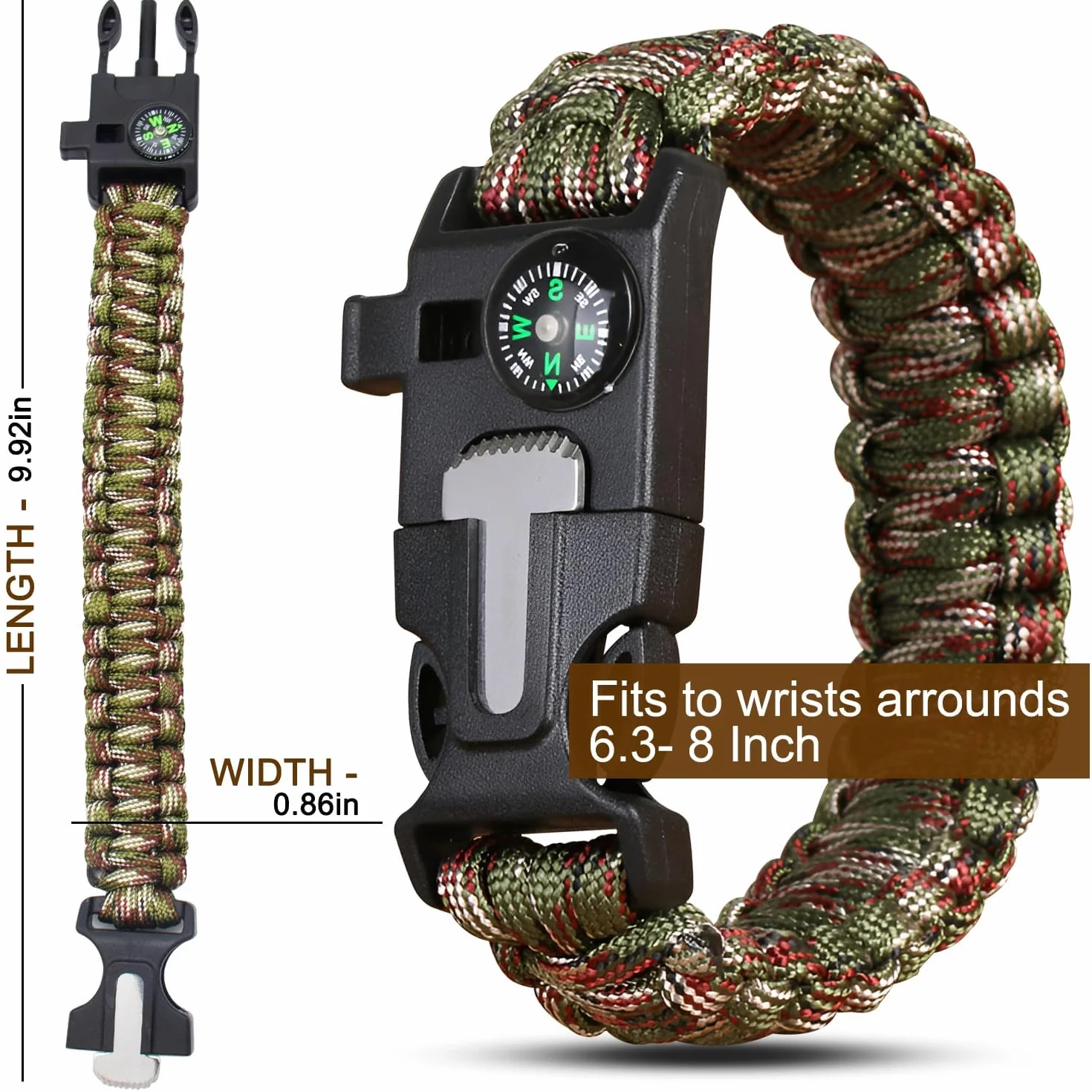 Pulsera de supervivencia de paracord 2 piezas, 5 en 1, cuerda de 3,5 m, piedra de fuego, brújula, silbato, cuchillo