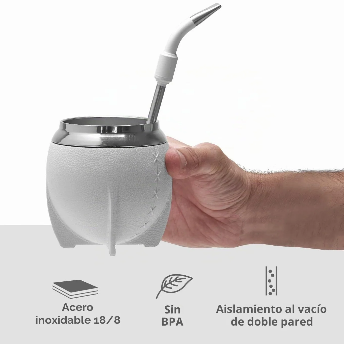 balibetov Mate Argentino - Set elegante y duradero con un Mate Torpedo de Acero Inoxidable, Bombilla y Cepillo de Limpieza (Blanco)