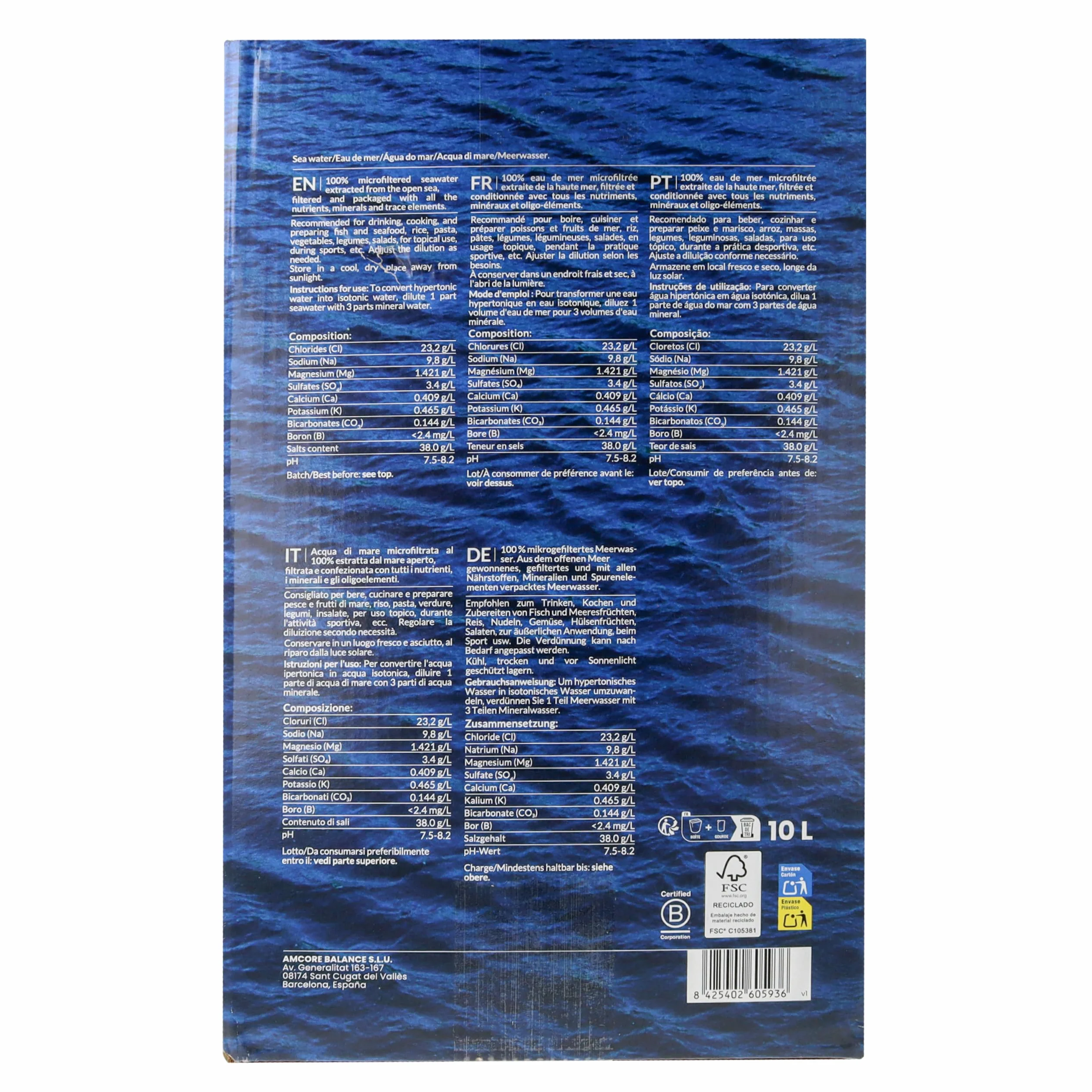 Agua Marina | 10 L Bag in Box con Surtidor | Naturitas Essentials | Agua de Mar Hipertónica 100% Pura y Microfiltrada | Para Beber y Cocinar | Rica en Sales Minerales