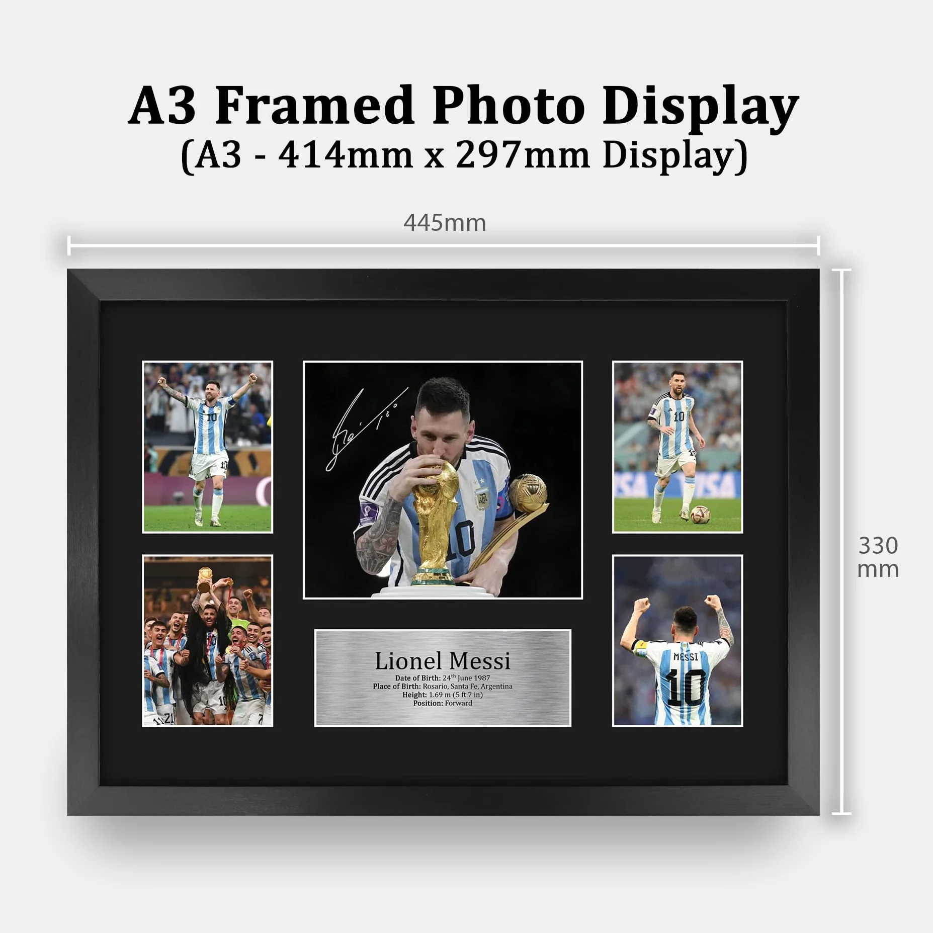 Cuadro con foto y autógrafo de Lionel Messi de Argentina, tamaño A3, con marco