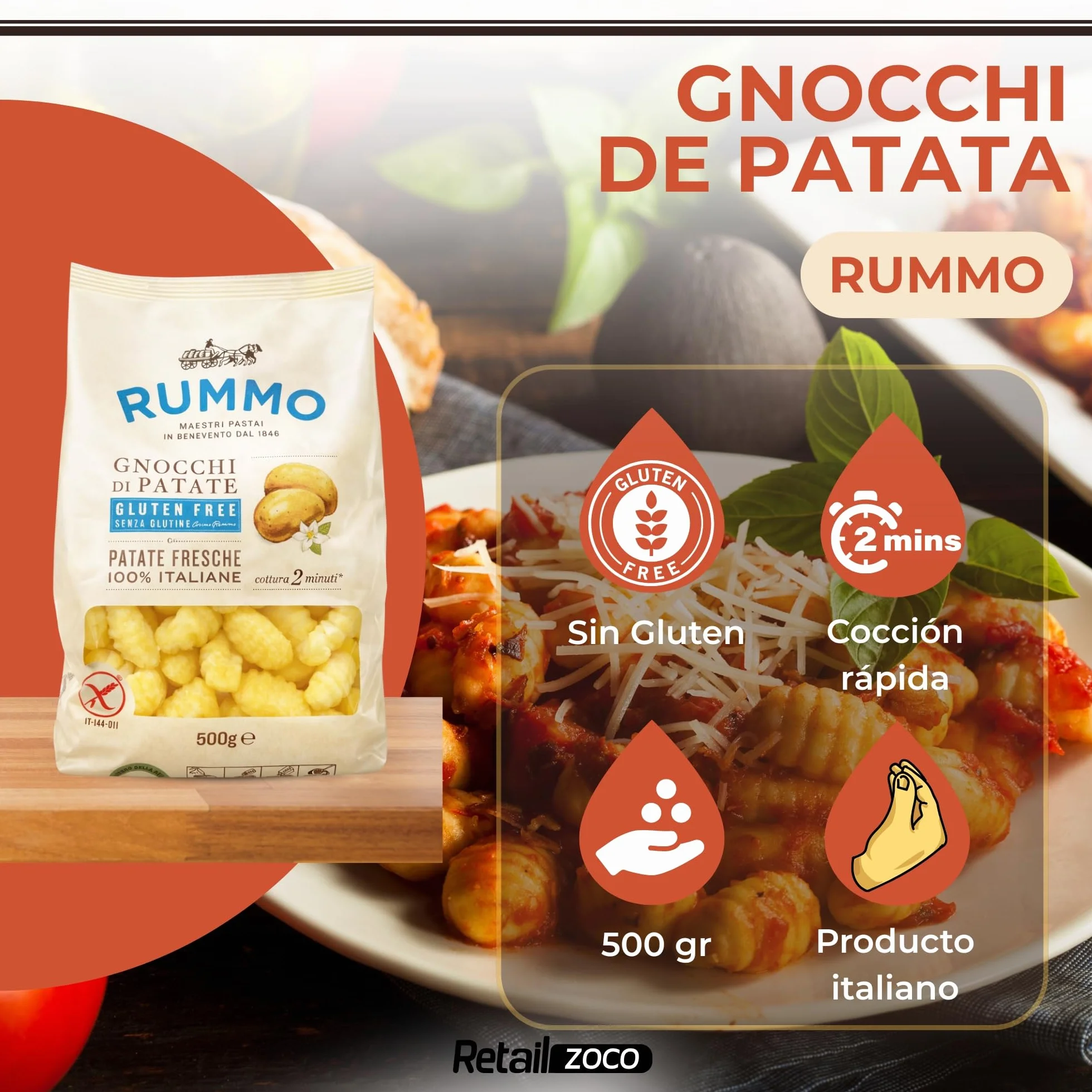 Gnocchi Rummo SIN Gluten de Patatas 65%, ñoquis sin gluten de patatas 100% Italiana, Pasta Italiana, Tiempo de cocción 2 minutos, 1 Paquete de 500 gr