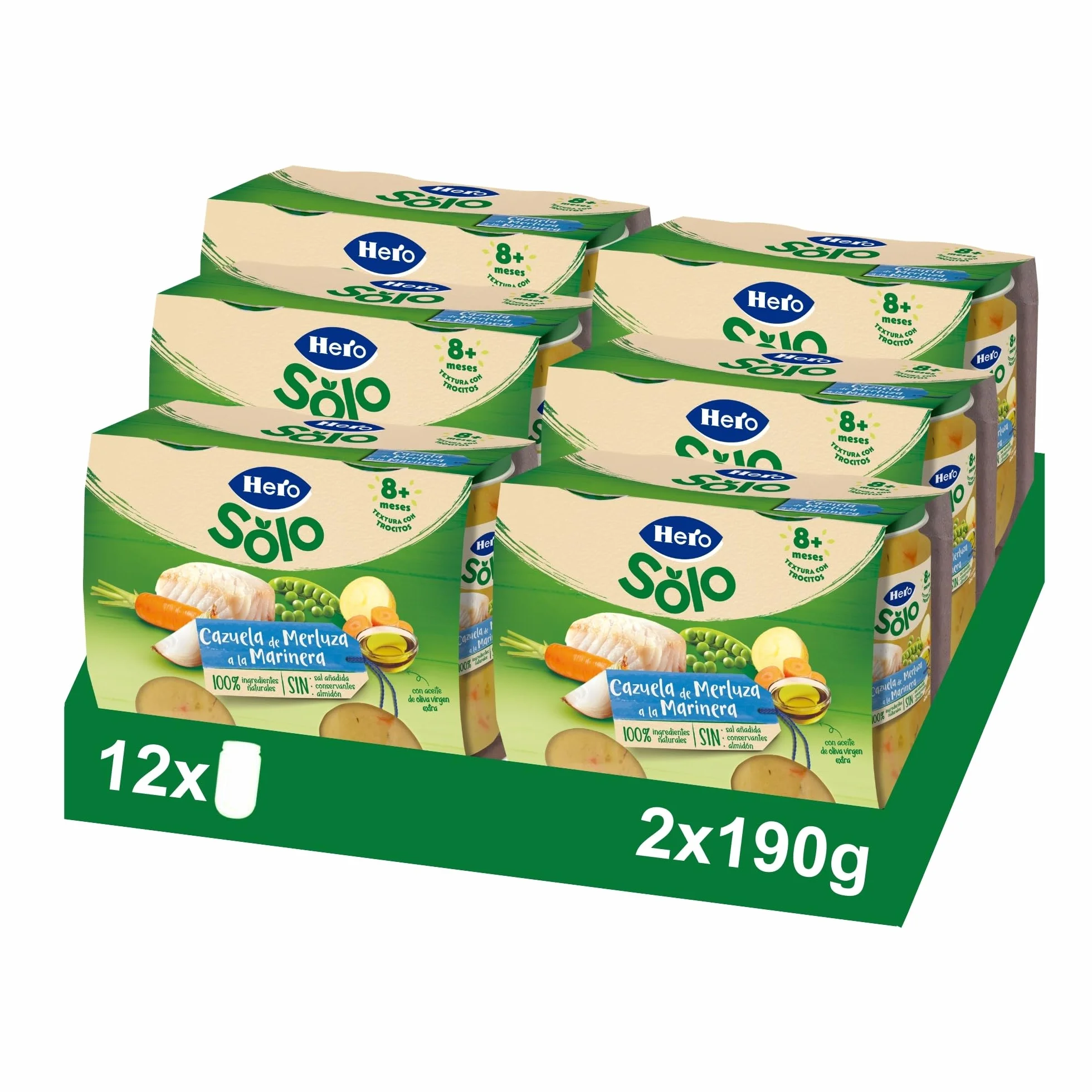 Hero Baby - Recetas Caseras, Tarritos de Cazuelita de Merluza a la Marinera, Sin Sal Añadida, Sin Almidón, Sin Aceite de Palma, Ingredientes 100% Naturales, 6 Packs de 2x190g