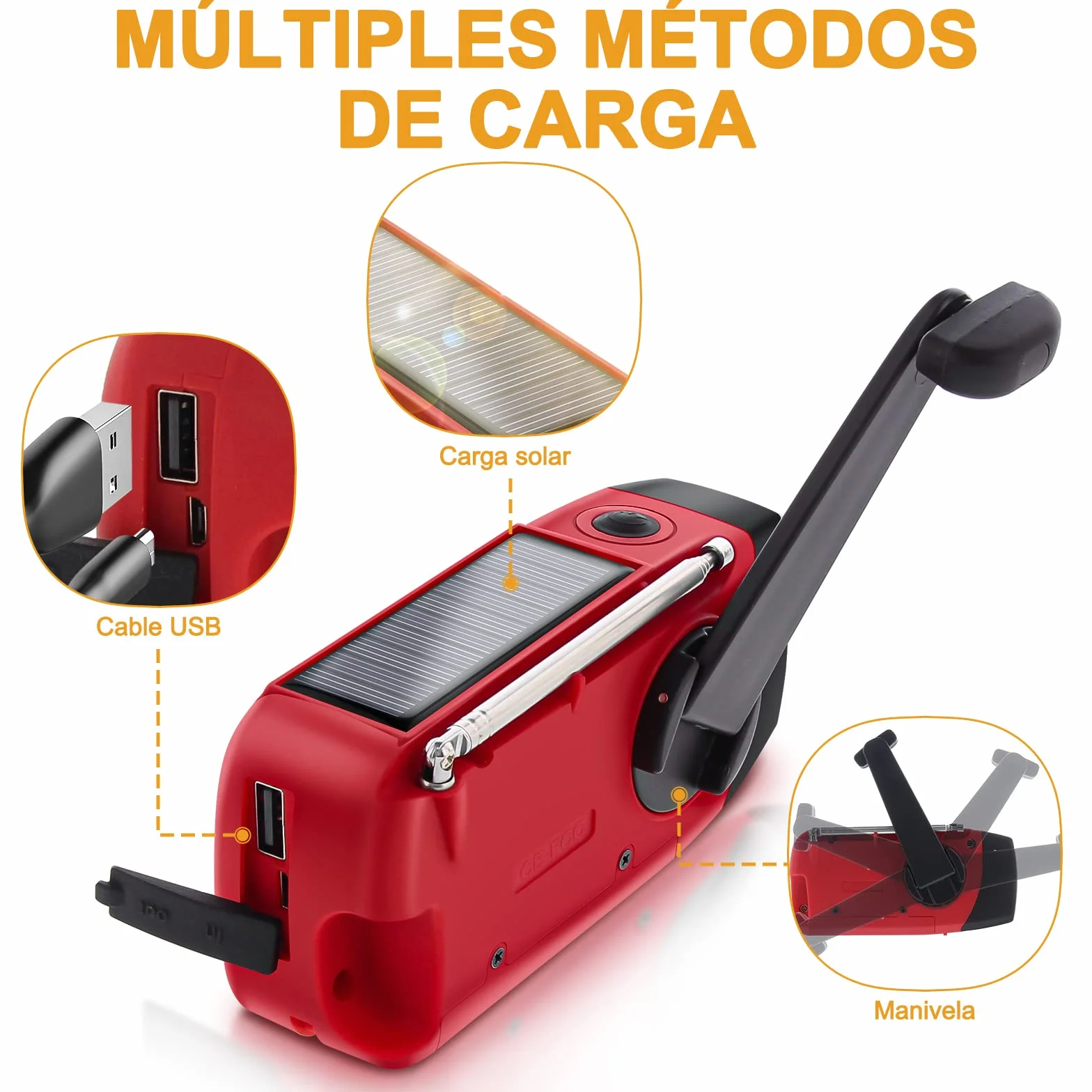 Radio Solar de Emergencia FM/AM/NOAA Portátil Manivela 2000mAh Power Bank Linterna SOS Recargable Camping