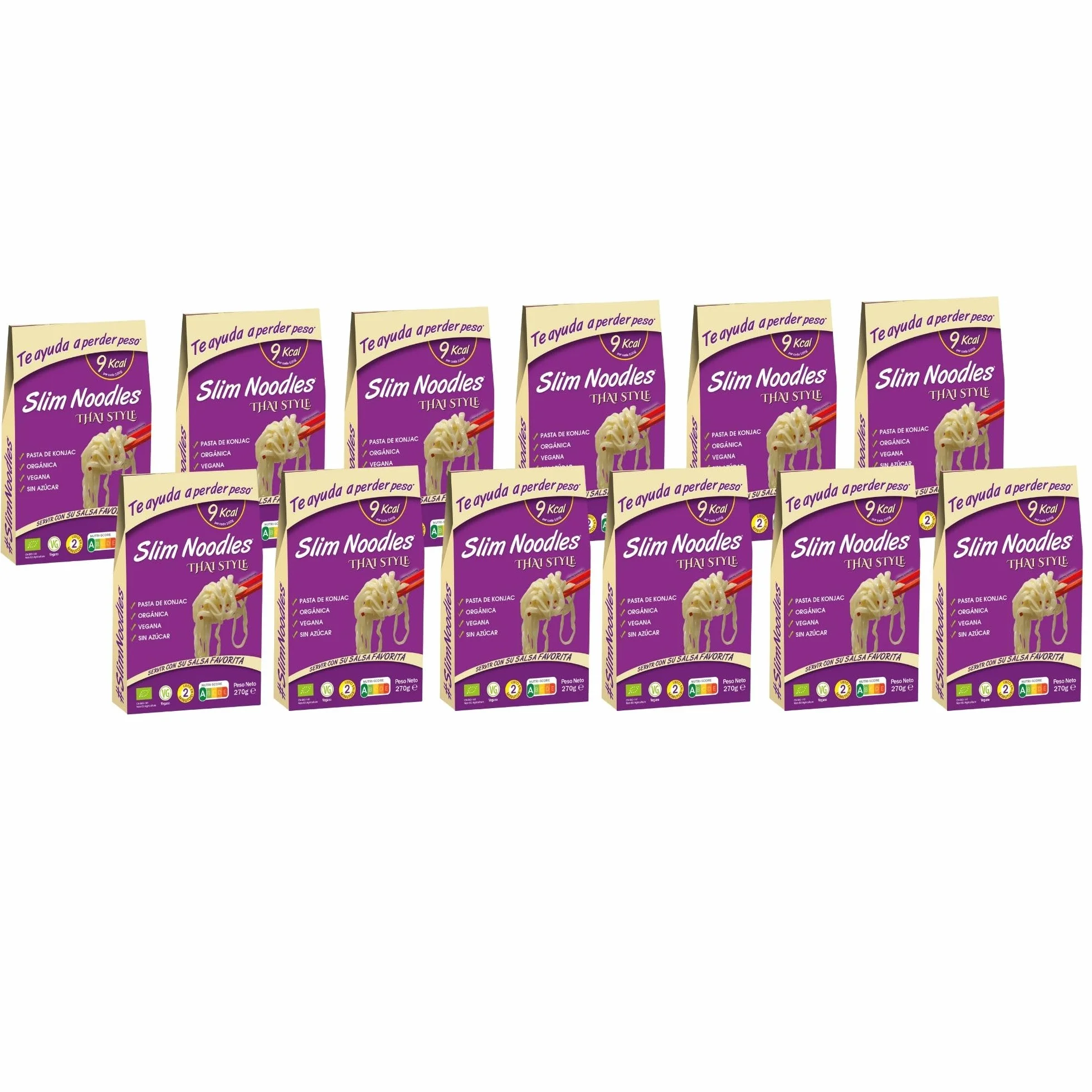 Slim Pasta - Pack de 12 Unidades de Noodles Thai Style de Konjac - Sin Calorías ni Carbohidratos - Ideal para Dietas Keto y Low Carb - Apto para Veganos - Elaborado con Harina de Konjac