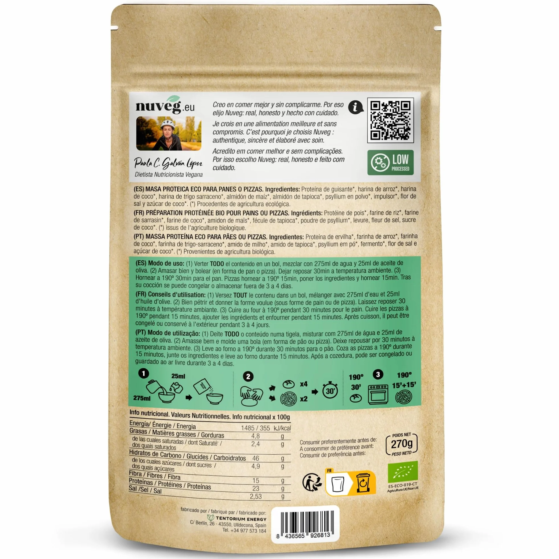 NUVEG Masa Proteica Ecológica para Panes o Pizzas, Vegano, Preparado para Pan Proteico y Masa de Pizza, Harina Panificable Sin Gluten, Sin Lactosa, Contiene Harina de Trigo Sarraceno, Pack 2, 540g
