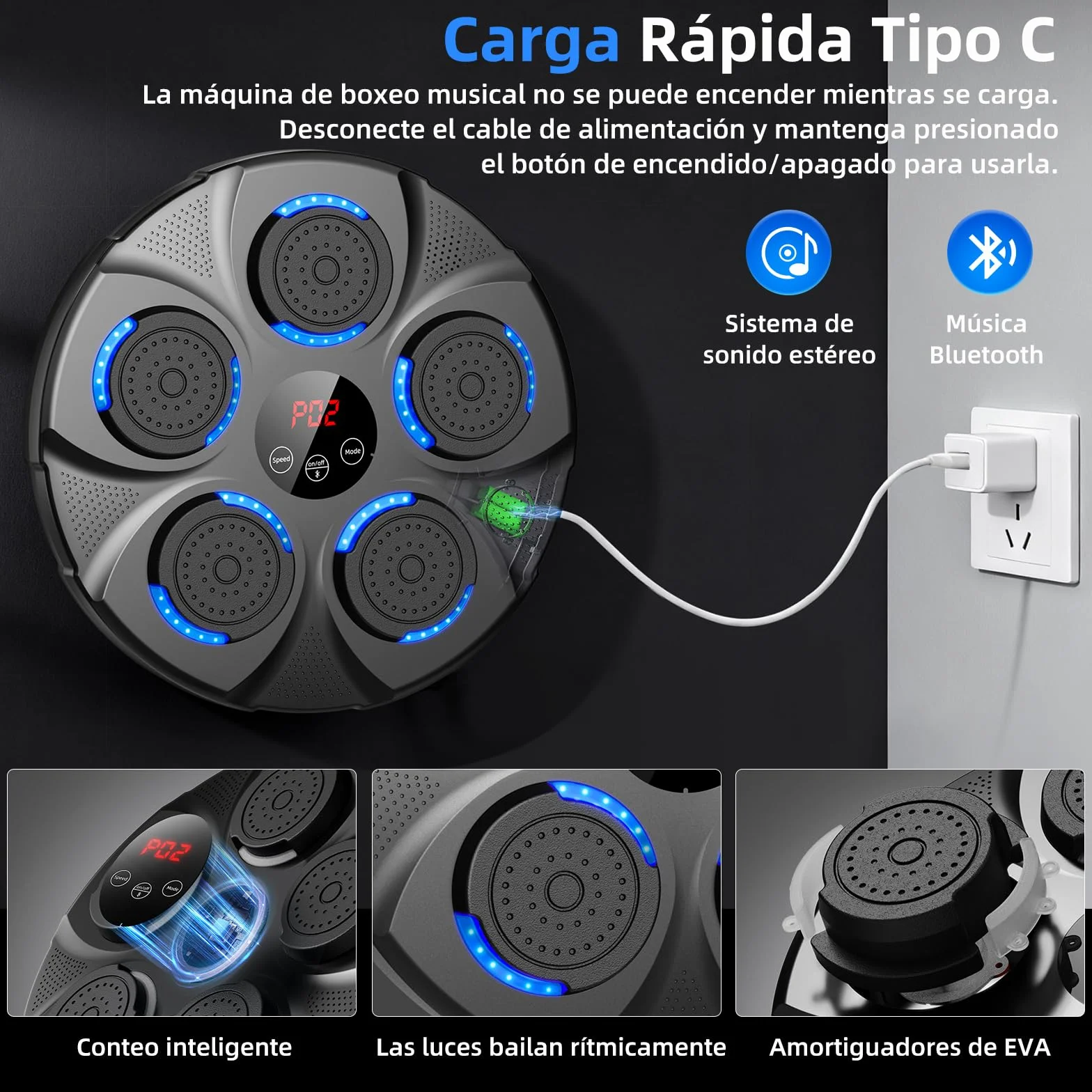 Máquina de Boxeo Musical Electrónico Profesional con Guantes Bluetooth 9 Velocidades Negro