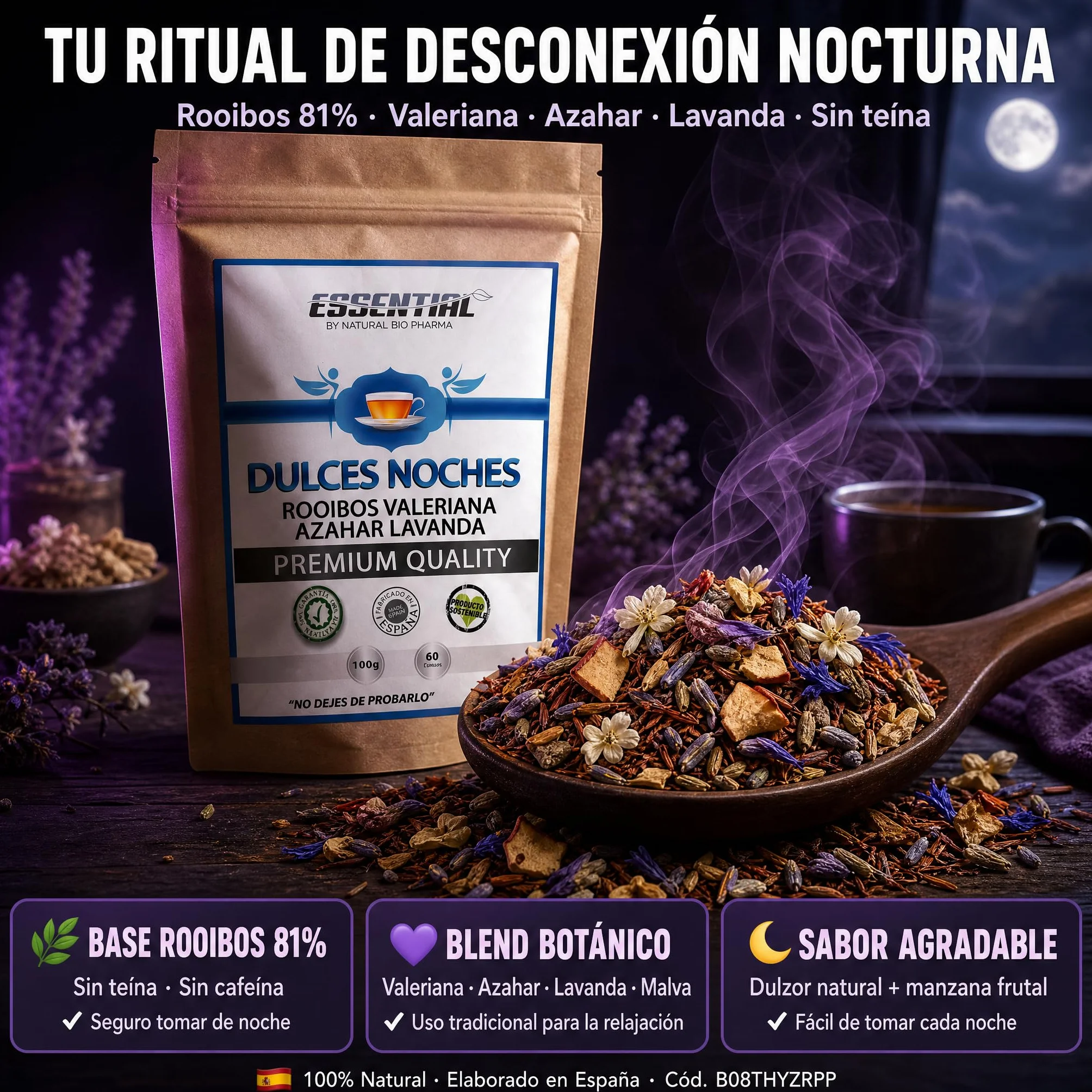 Duerme bien. Infusiones Relajantes para la Ansiedad y para Dormir Profundo toda la Noche. Rooibos de Valeriana, Lavanda, Malva, Azahar y Manzana. Sueño Profundo con esta Infusión Relajante para Dormir