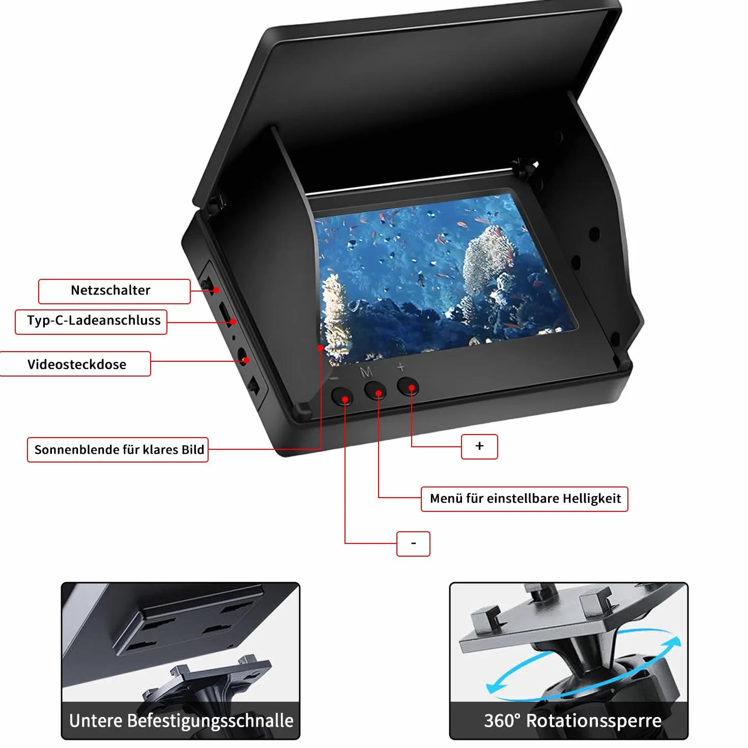Cámara subacuática para pesca con pantalla IPS 4,3 pulgadas, cable 30 m, gran angular 220°, visión nocturna