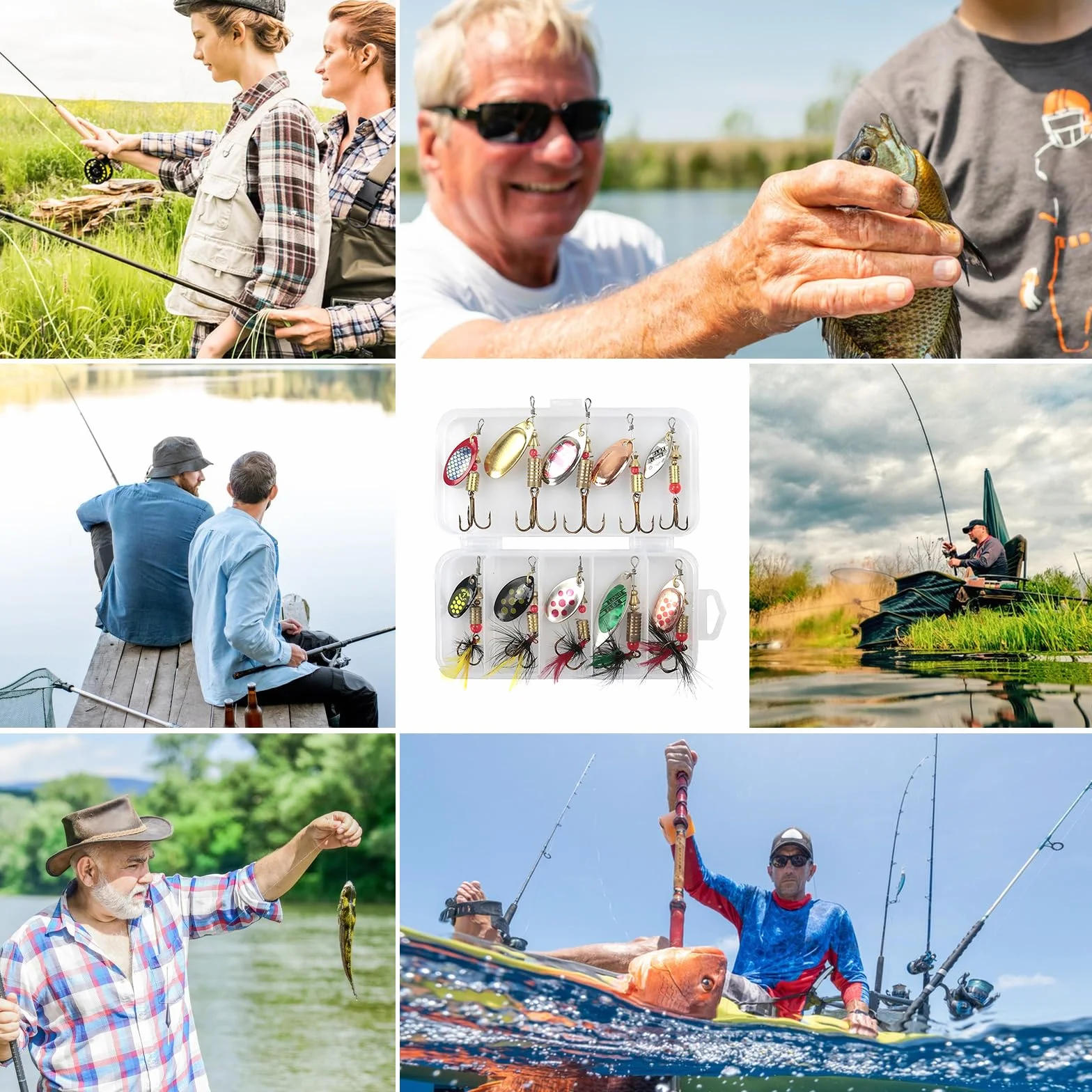 Señuelos Pesca Artificial 10 Piezas Kit Metal Cucharillas con Ganchos Caja Trucha Perca Lucio Salmón Bass