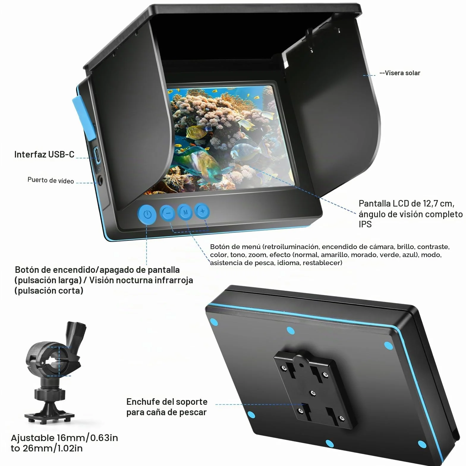 Cámara de pesca submarina IP65 con visión nocturna infrarroja y pantalla IPS de 5 pulgadas Deeper
