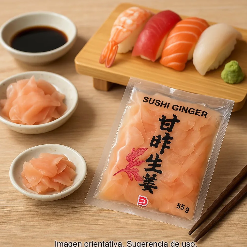 Jengibre encurtido rosa tipo gari para sushi y sashimi, pack 2x55 g, láminas marinadas agridulces, acompañamiento japonés para limpiar paladar y realzar sabores