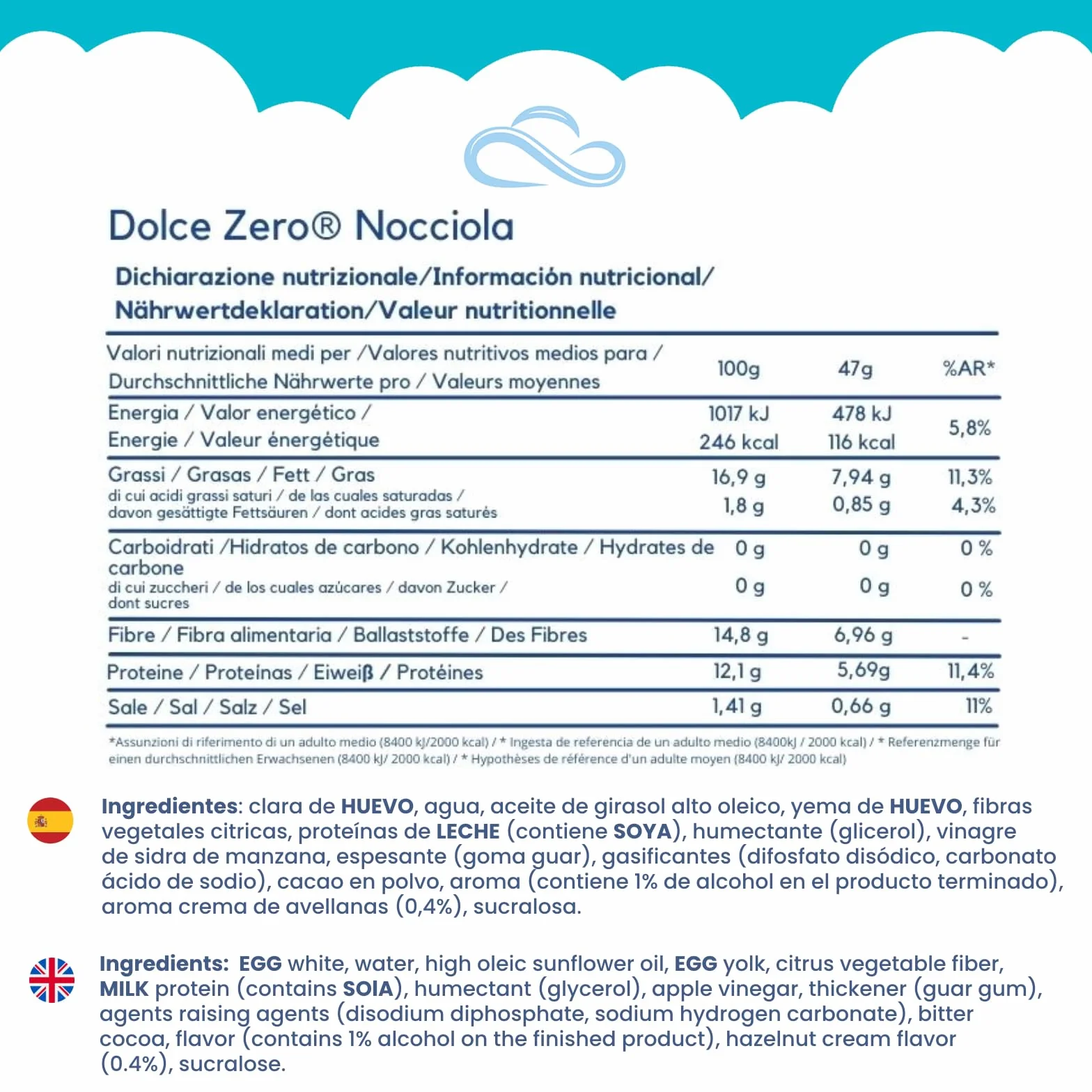 Nuvola Zero - Dolce Zero Avellana, Sin Carbohidratos, Dulces Sin Azúcar, Sin Lactosa, Sin Gluten, Alto En Fibra, Paquete De 12 Uds, Fabricado en Italia