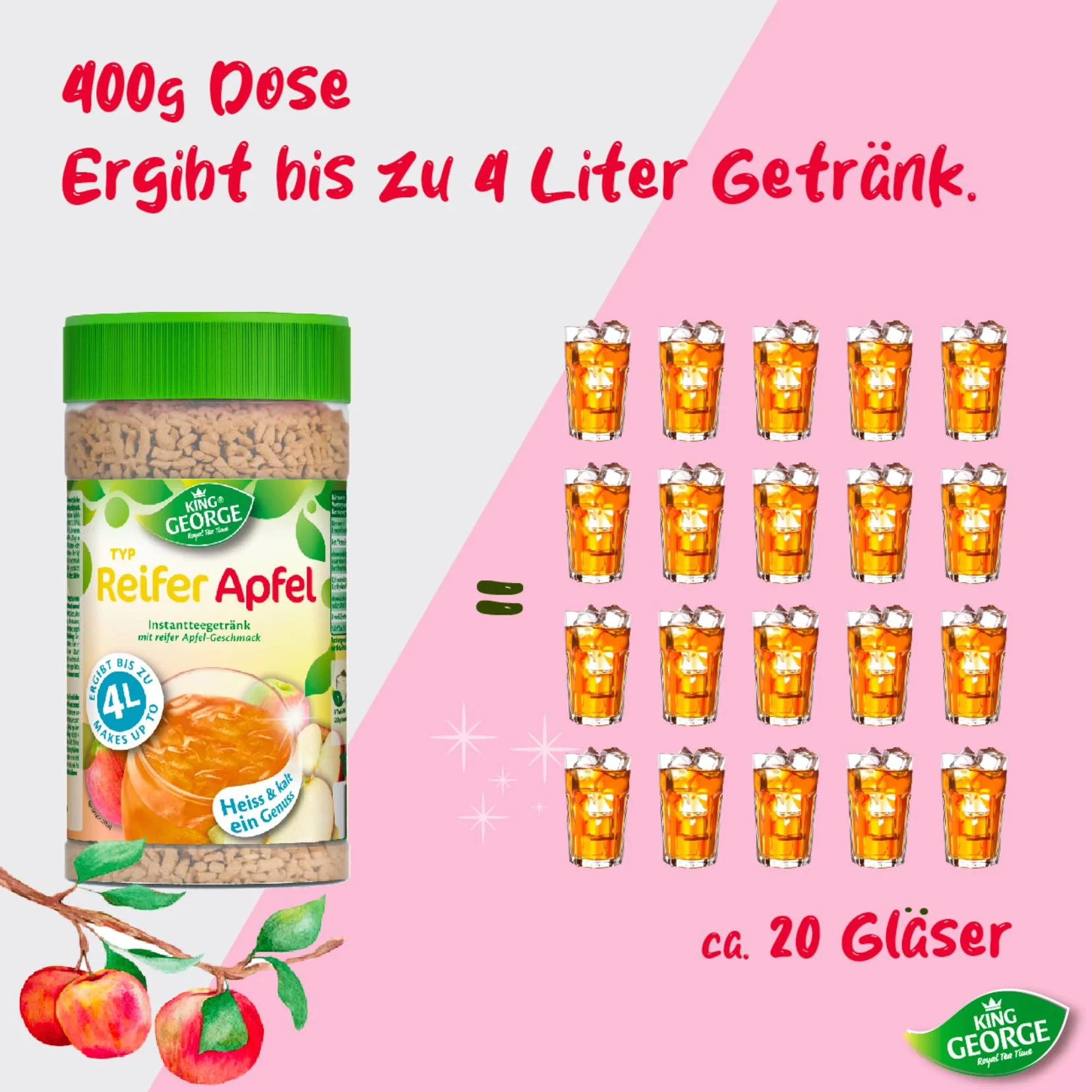 KING GEORGE Bebida instantánea de té de manzana madura, 6 x 400 g, bebida instantánea con sabor a manzana, caliente y fría, un placer, paquete de almacenamiento para té de migas, bebida para verano