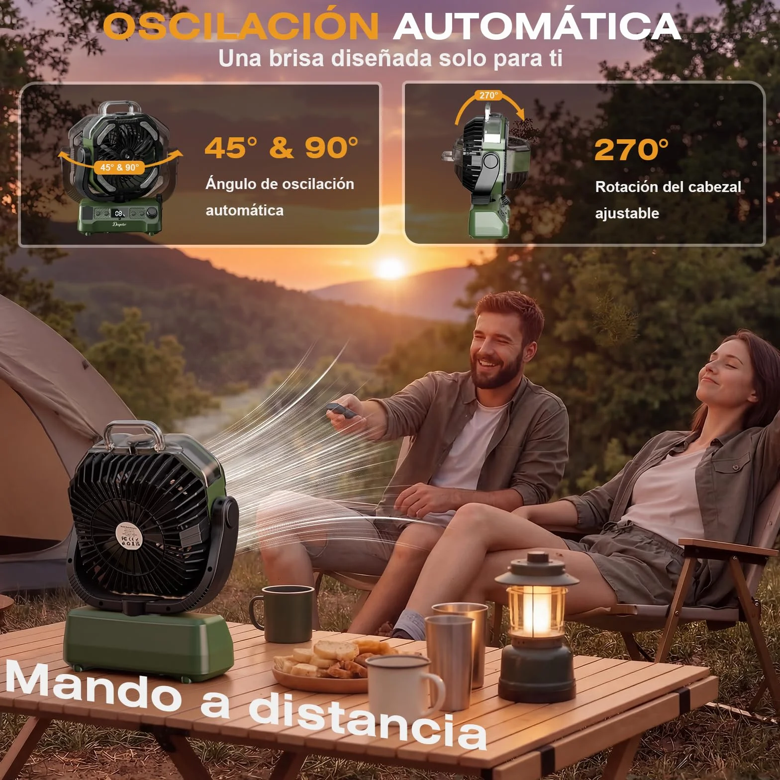 Ventilador Camping Portátil con Nebulizador y Luz LED, batería recargable, Temporizador, Rotación 270°, Gancho Colgante, Verde