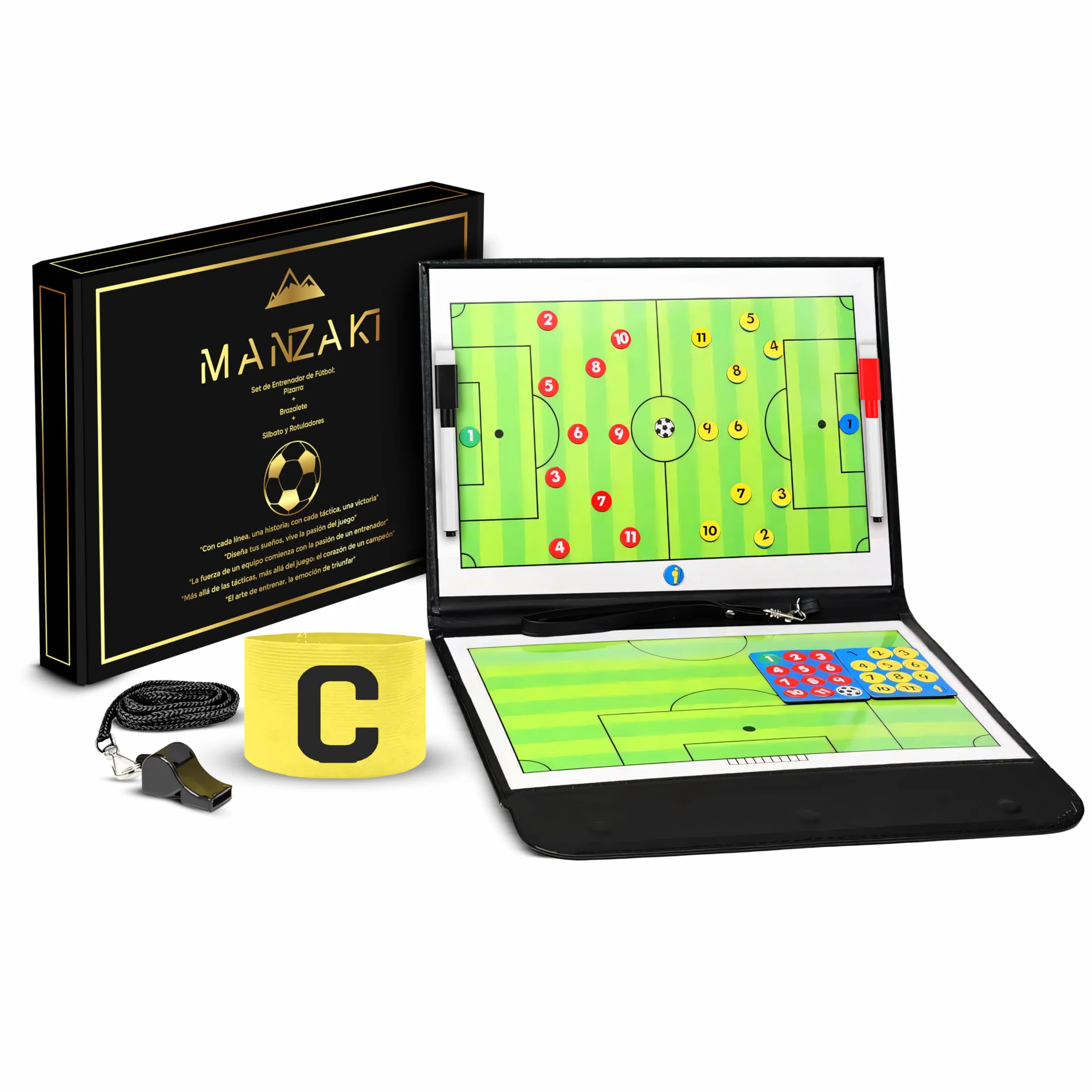 Pizarra Magnética Táctica Entrenador Fútbol con Fichas Brazalete Capitán Silbato 2 Rotuladores Cuero Negro