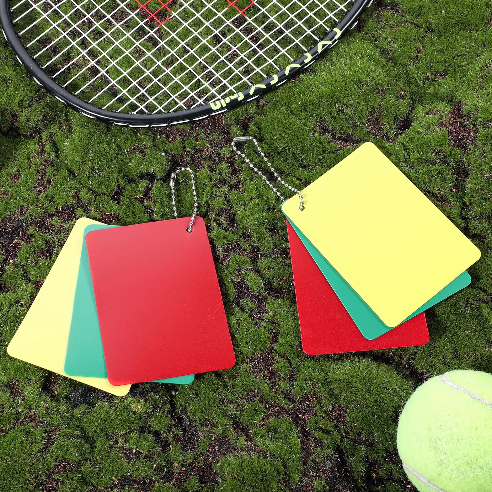 Tarjetas de fútbol verde, rojo y amarillo para árbitro penales, advertencia, expulsión