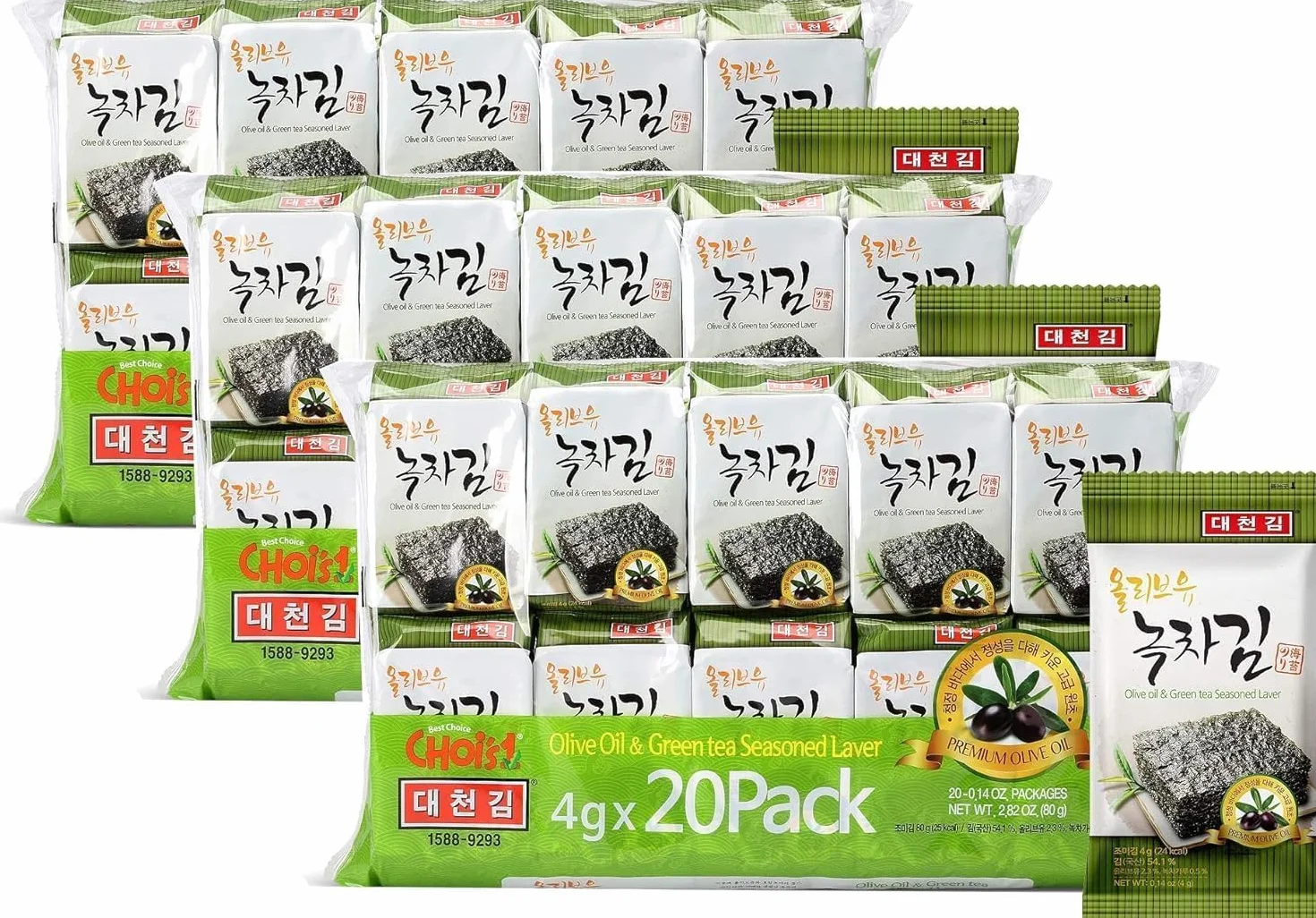 Bocadillo de algas marinas Daechun (Choi's1) (paquete de 60), original, sal marina, té verde en polvo, hoja de nori, producto de Corea
