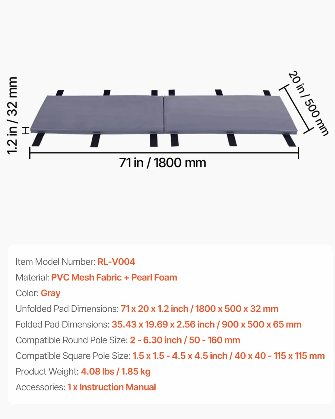 VEVOR Almohadilla para Poste de Baloncesto Impermeable 1800 x 500 x 32 mm Gris
