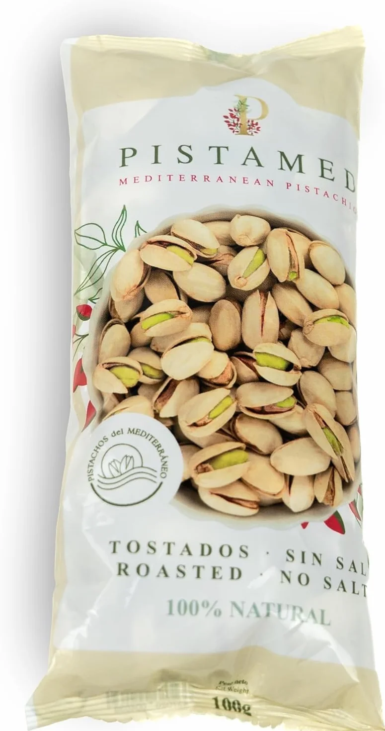 PISTAMED - Pistachos con Cáscara Sin Sal Tostados Artesanalmente - Alto Contenido en Fibra - Apto Veganos y Sin Gluten - Pack 10 x 100 g Formato Individual - Origen España - Snack Natural