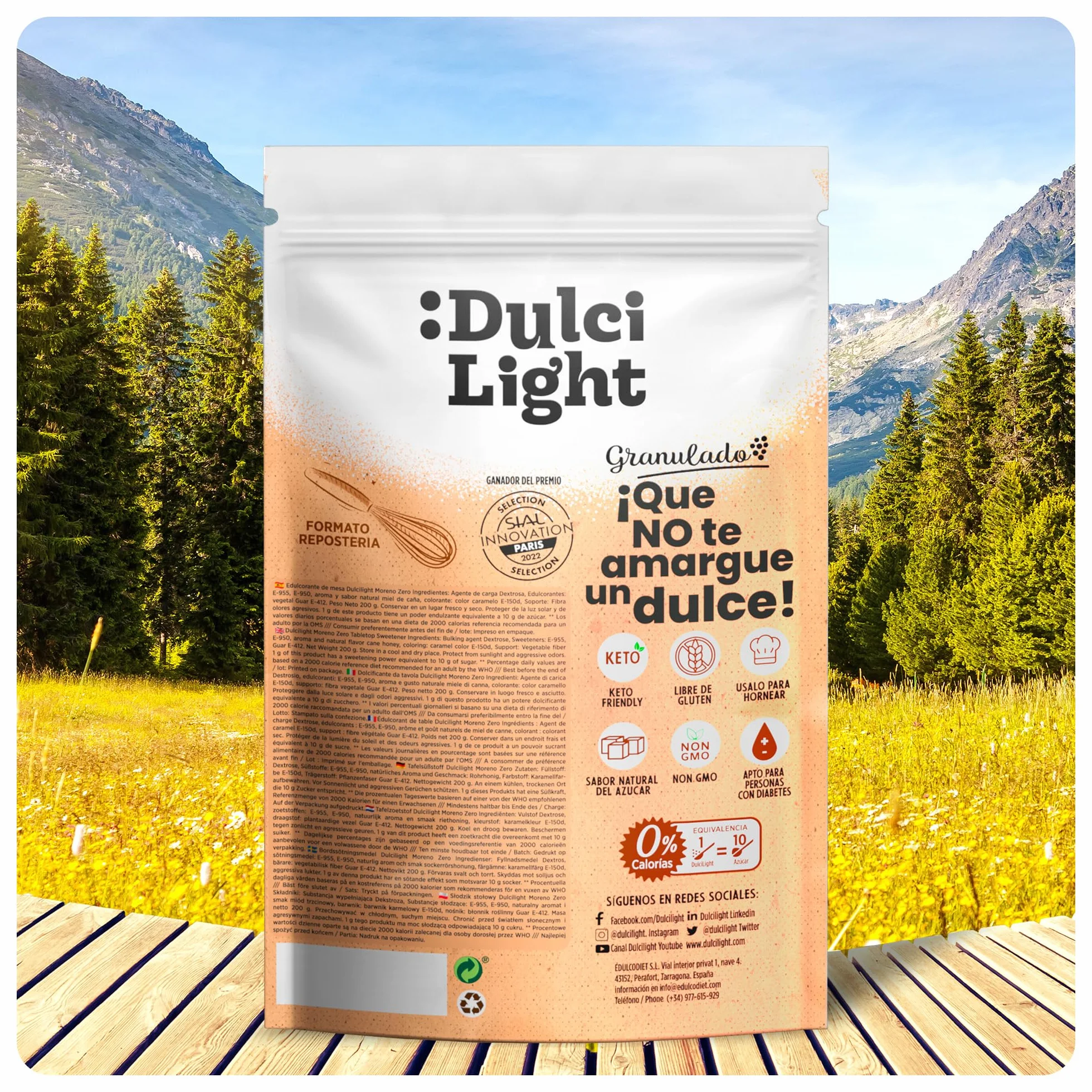 Dulcilight Edulcorante Moreno Zero Doypack 200 gr |Sustituto del azucar Moreno Sabor Natural | 200 gr = 2kg Azúcar |Granulado con Fibra Vegetal | keto | No OMG | edulcorante a Granel
