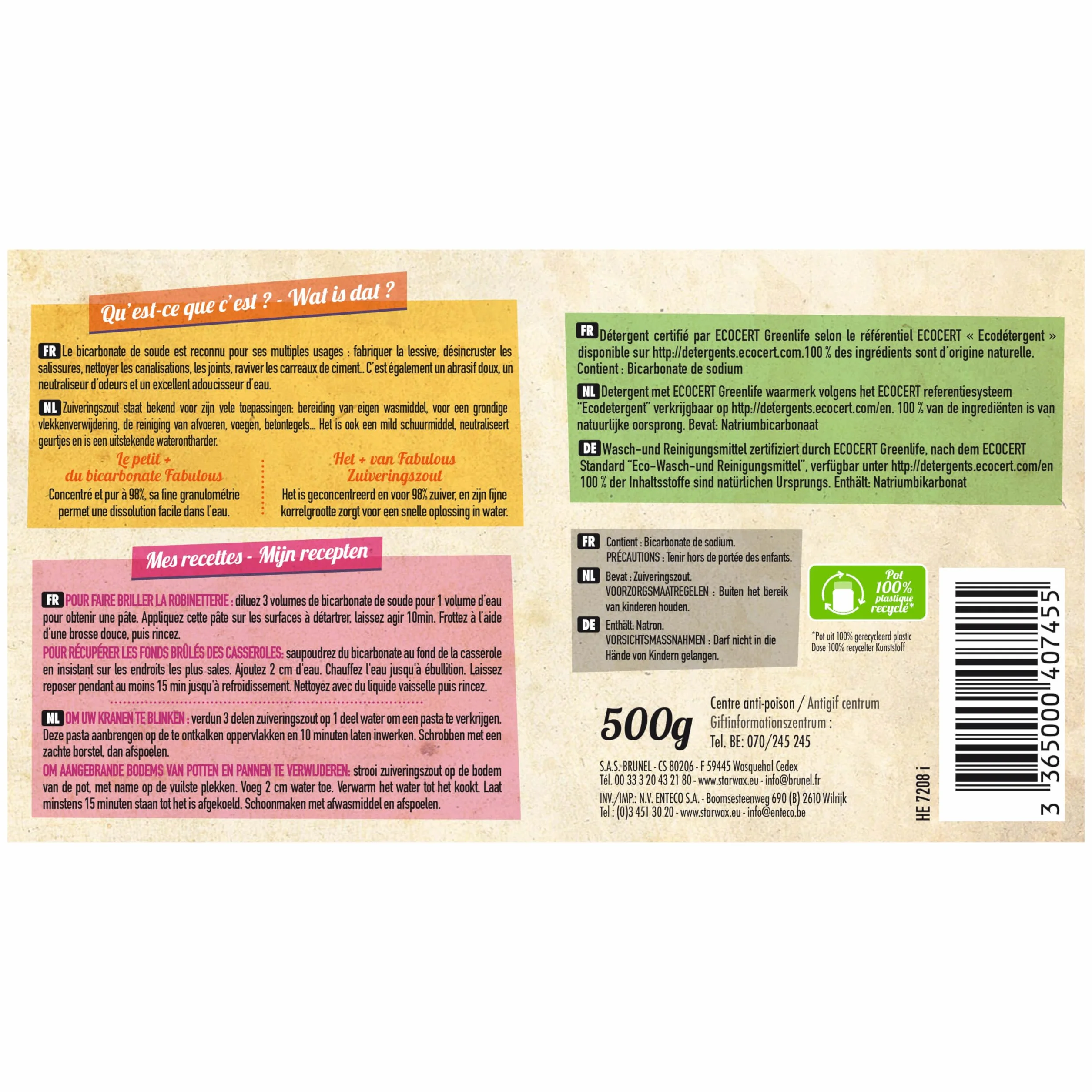 STARWAX THE FABULOUS - Sosa doméstica - Limpia, desengrasa, neutraliza los olores y hace que la casa brille - Esencial para el cuidado de la casa - Origen 100% natural - Ecocert - 500 g