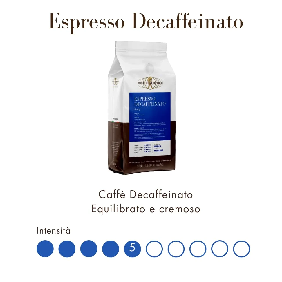 Miscela d'Oro Espresso descafeinado en granos - 4 paquete de 500 g