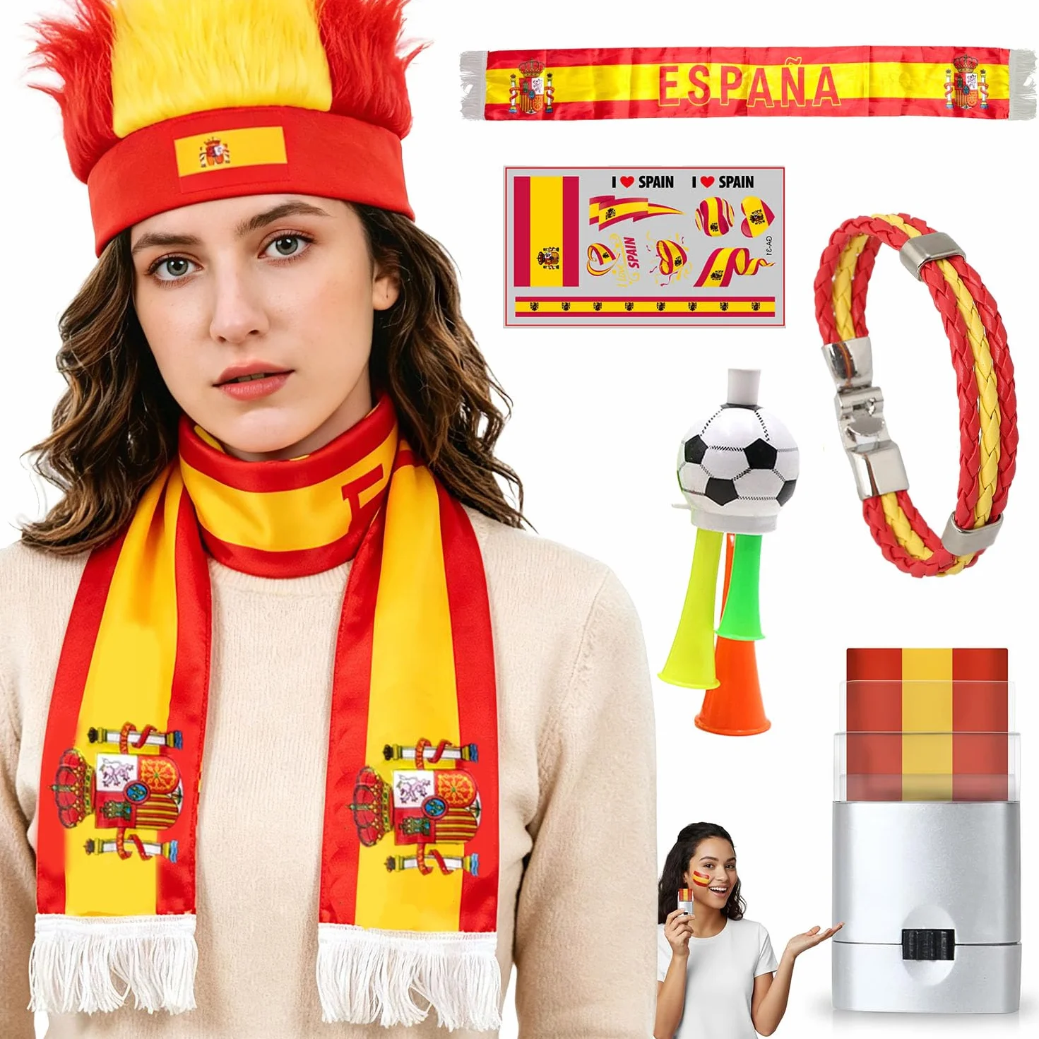 Bufanda y accesorios para fans Copa del Mundo 2026, juego 6 piezas, rotulador maquillaje, diadema, pulsera, cuerno, tatuaje